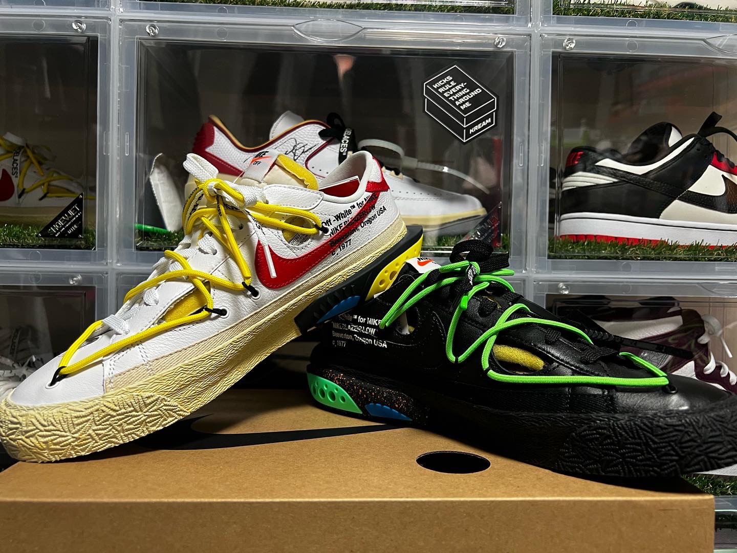 Nike x Off-White Blazer Low '77 White and University Red, Nike x Off-White Blazer Low '77 Black and Electro Green 착용 스타일 - 1