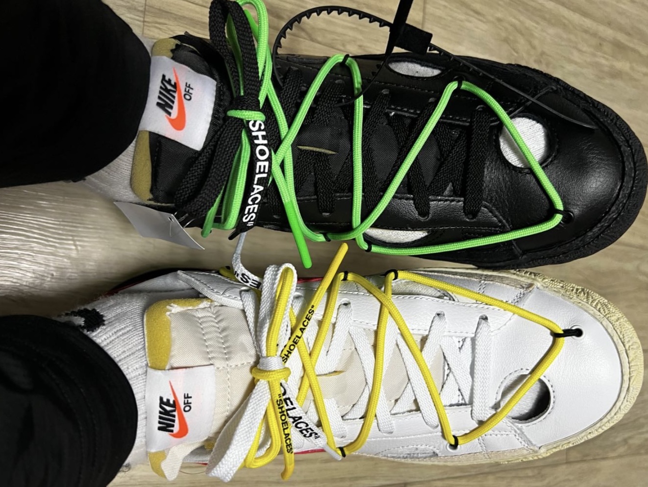 Nike x Off-White Blazer Low '77 White and University Red, Nike x Off-White Blazer Low '77 Black and Electro Green 착용 스타일 - 4