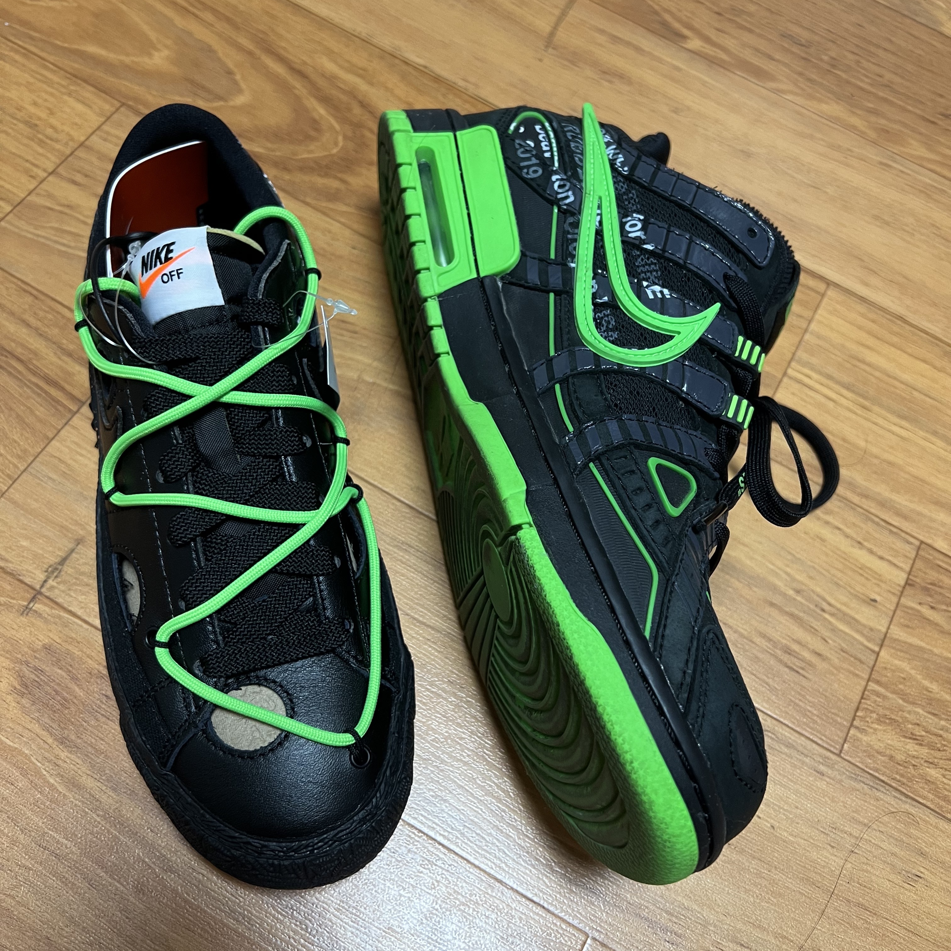Nike x Off-White Blazer Low '77 Black and Electro Green, Nike x Off-White Air Rubber Dunk Green Strike 착용 스타일