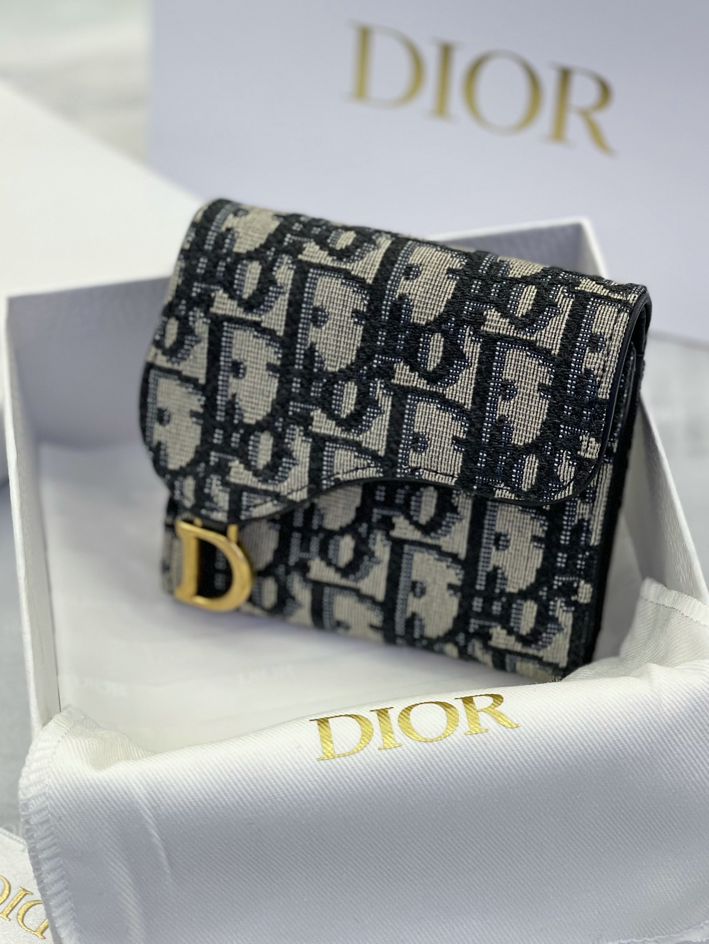 Dior Saddle Lotus Wallet Blue Dior Oblique Jacquard 착용 스타일