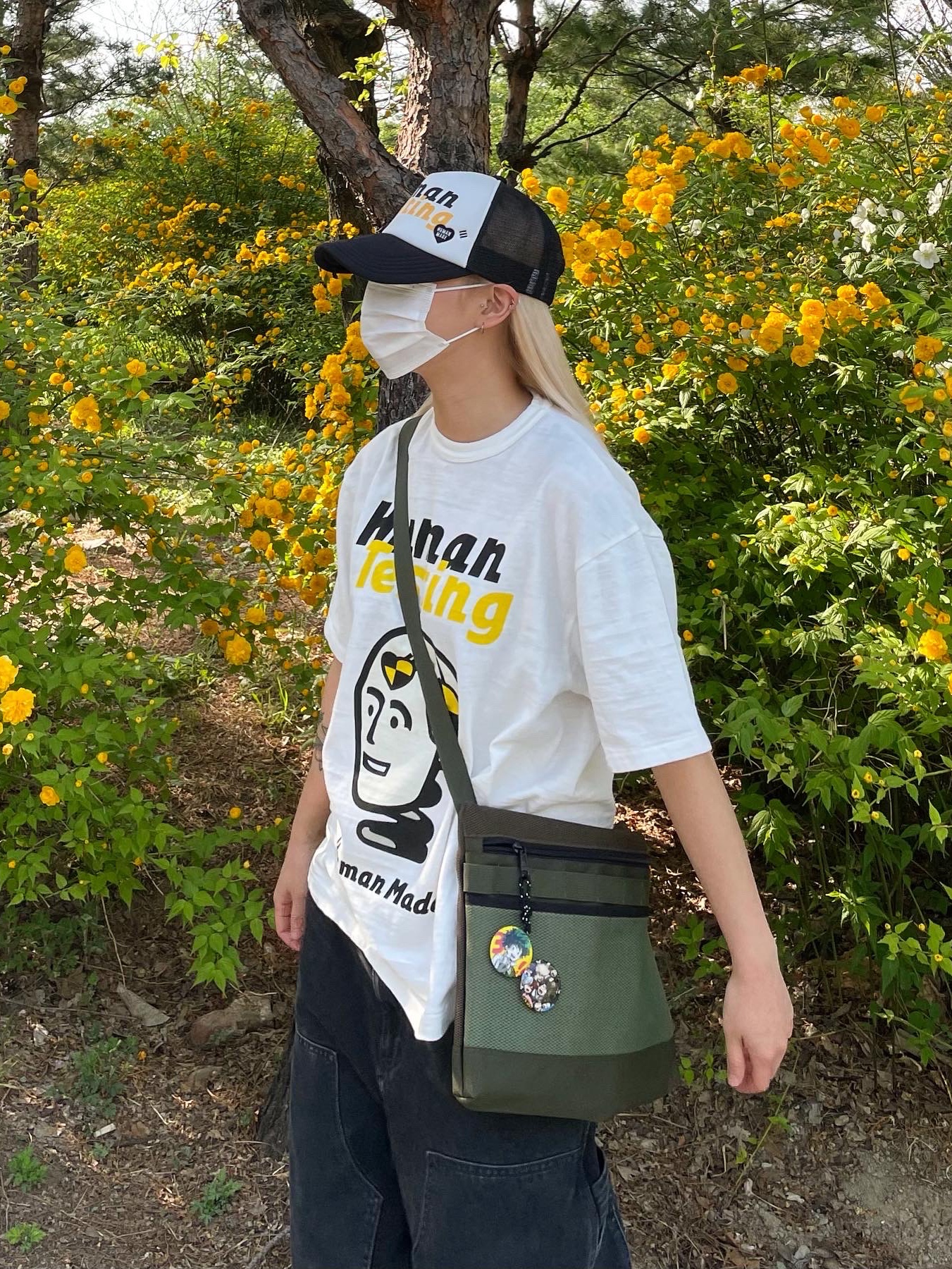 Human Made x A$AP Rocky Human Testing T-Shirt White, Human Made x A$AP Rocky Human Testing Mesh Cap Black White 착용 스타일 - 2