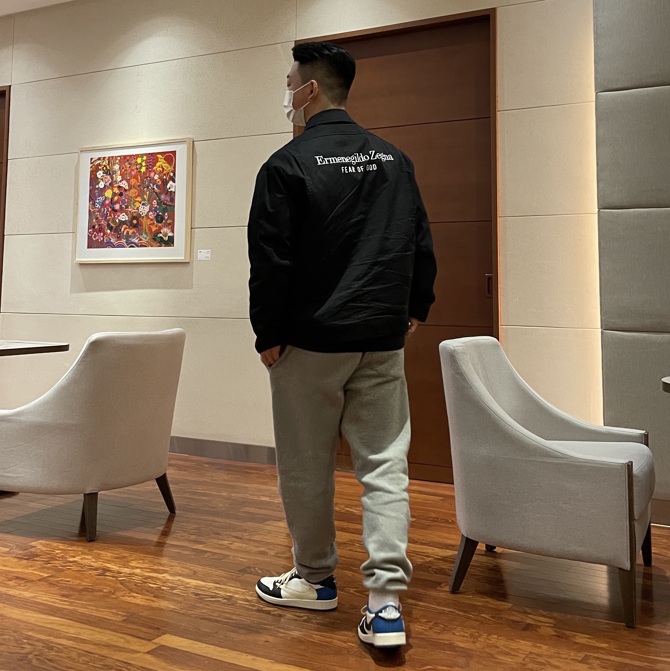 Jordan 1 x Travis Scott x Fragment Retro Low OG SP Military Blue, Essentials Sweatpants Heather Oatmeal - 21SS 착용 스타일