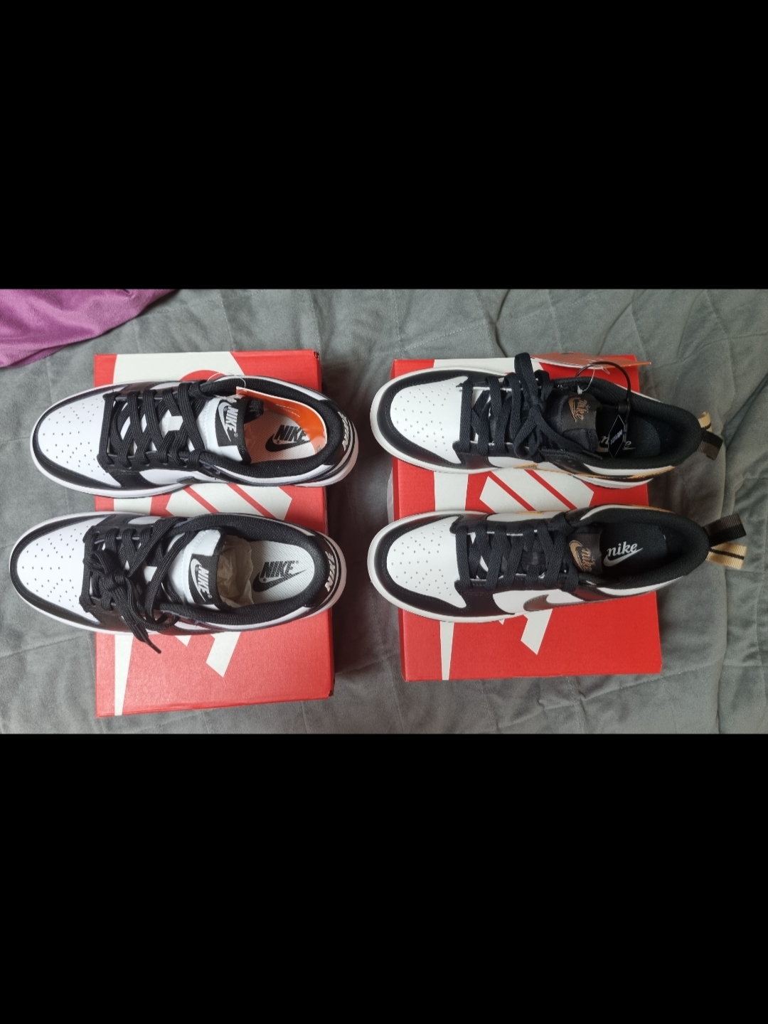 (W) Nike Dunk Low Black, (GS) Nike Dunk Low SE Off Noir Summit White Metallic Pewter 착용 스타일 - 1