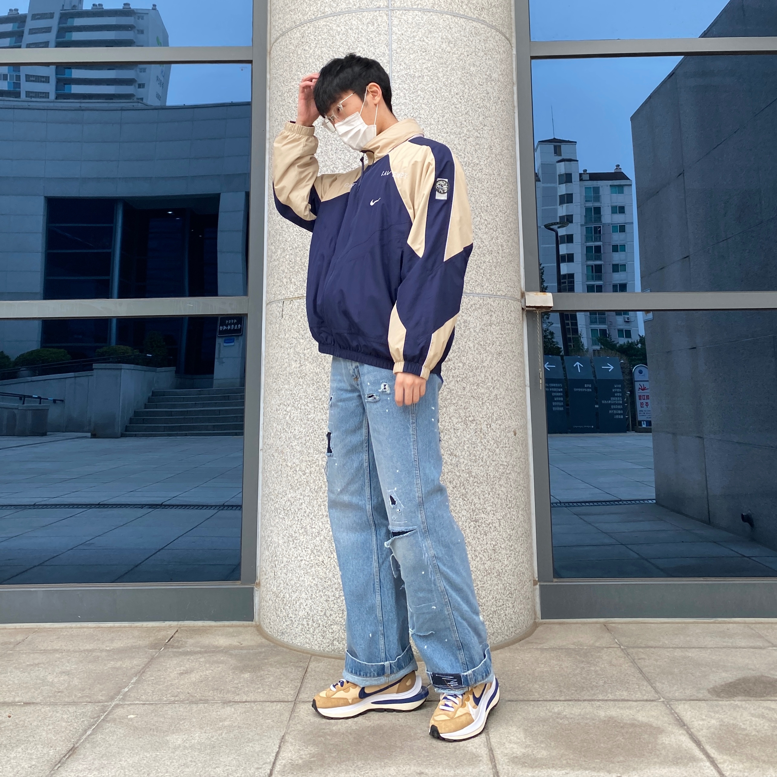 Nike x Cav Empt Track Jacket Navy, Zara x Ader Error Patchwork Jeans Blue 착용 스타일