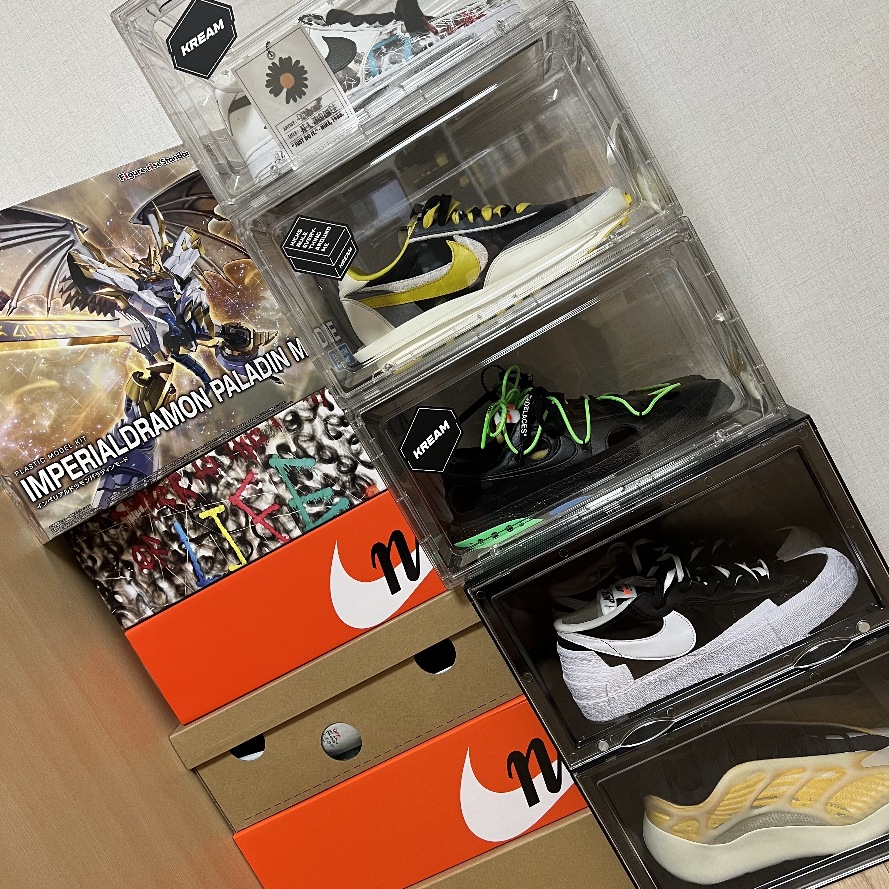 Nike x Sacai x Undercover LDWaffle Black Bright Citron, Nike x Sacai Blazer Low Black Patent Leather 착용 스타일