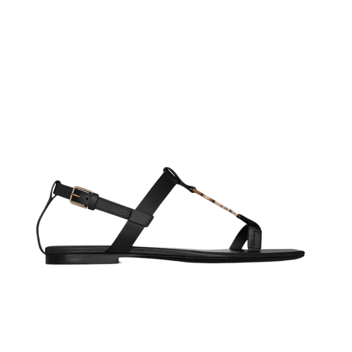 (W) 생로랑 스무스 레더 골드 모노그램 카산드라 샌들 블랙((W) Saint Laurent Cassandra Flat Sandals in Smooth Leather with Gold Monogram Black)