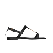 (W) Saint Laurent Cassandra Flat Sandals in Smooth Leather with Gold Monogram Black