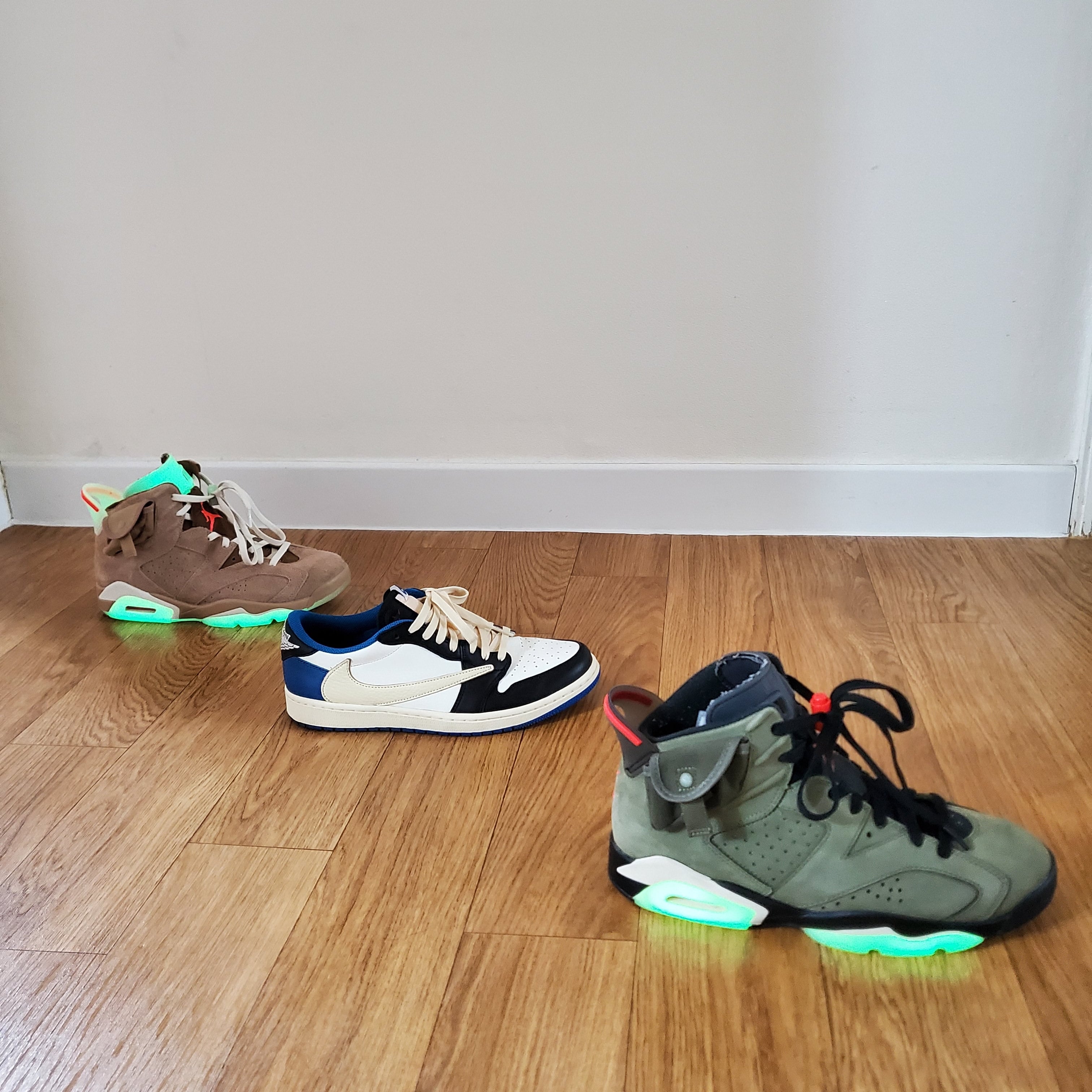 Jordan 6 x Travis Scott Retro SP British Khaki, Jordan 1 x Travis Scott x Fragment Retro Low OG SP Military Blue 착용 스타일