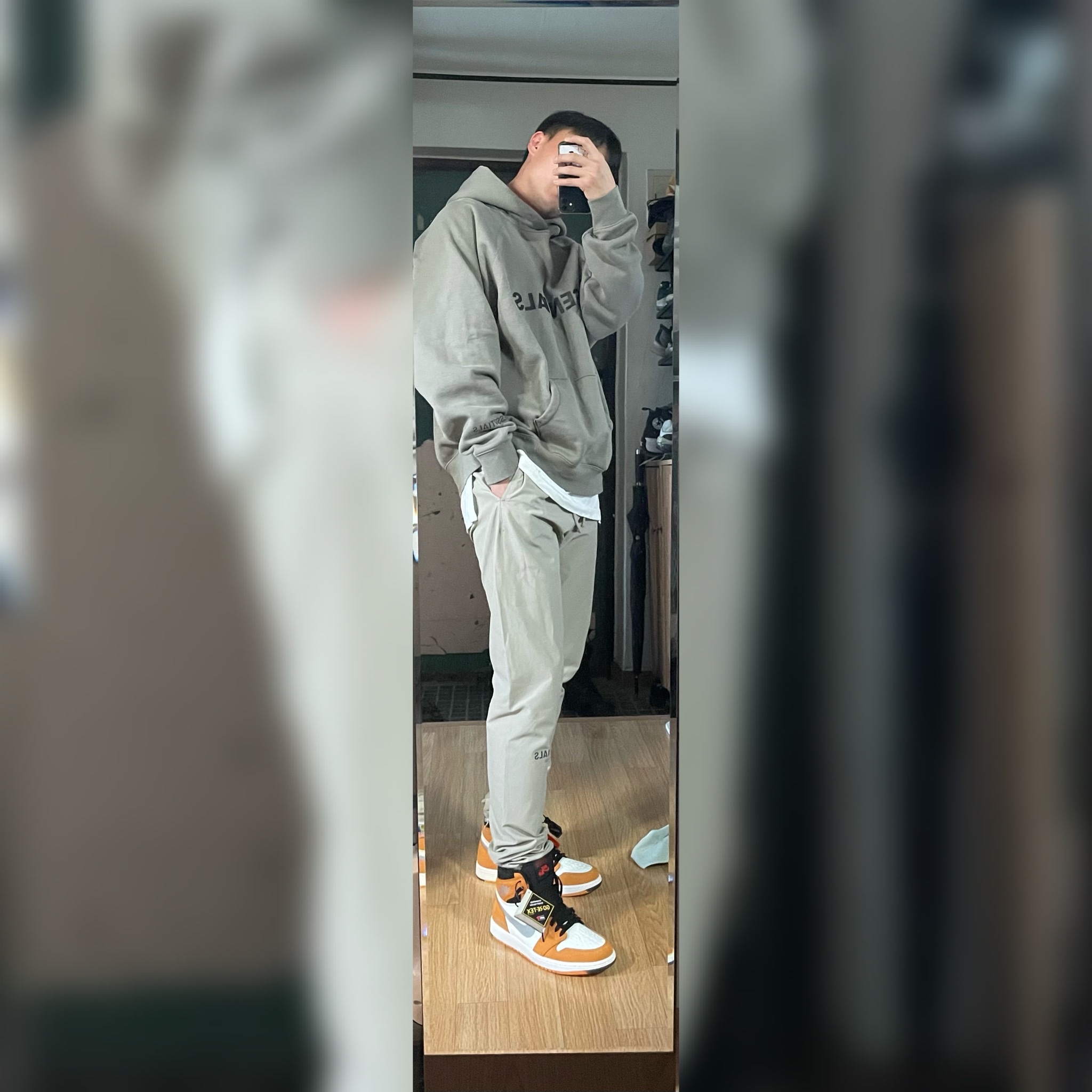 Jordan 1 Element Gore-Tex Light Curry, Essentials 3D Silicon Applique Pullover Hoodie Olive/Khaki - 20FW 착용 스타일