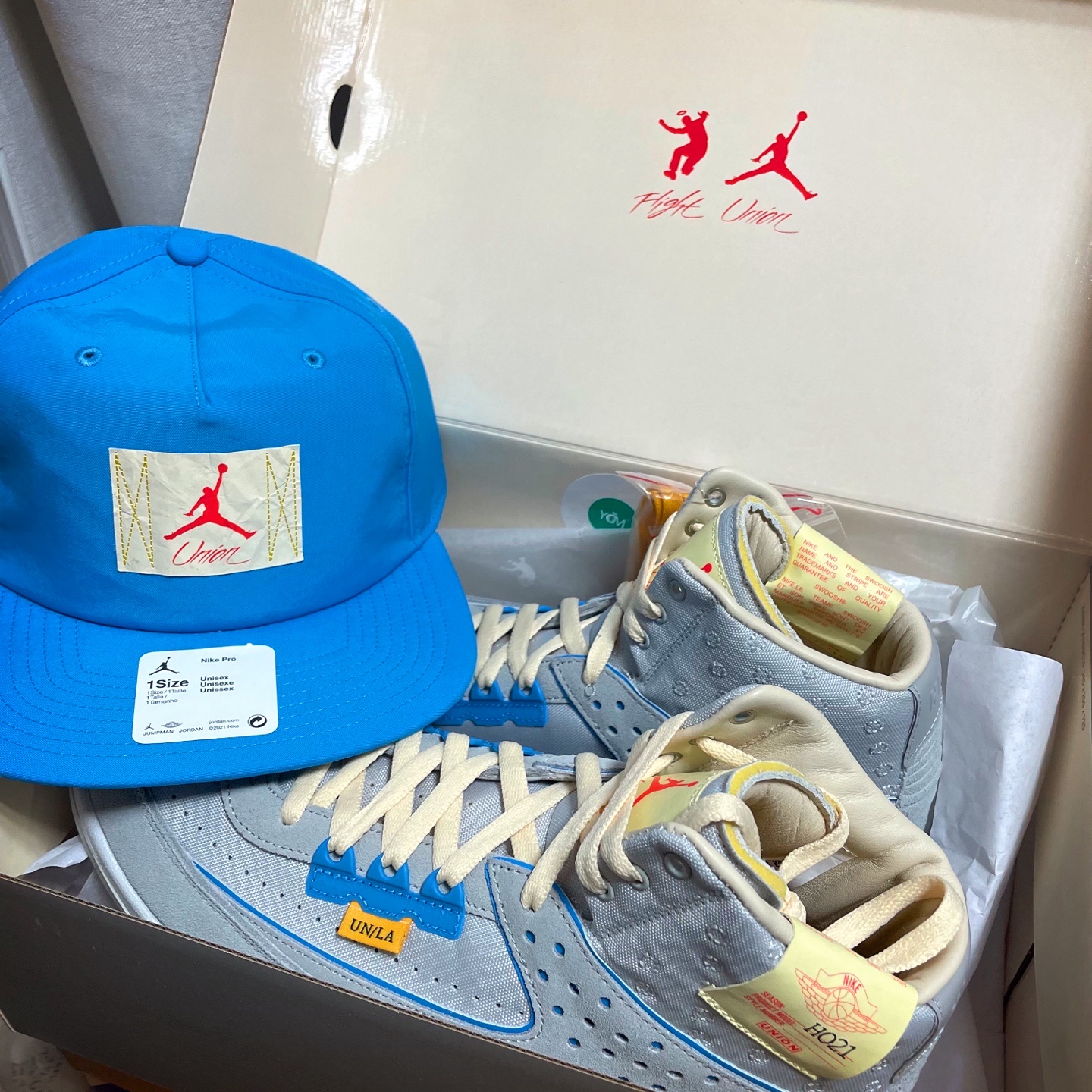 Jordan x Union Cap Equater Blue, Jordan 2 x Union Retro SP Grey Fog 착용 스타일