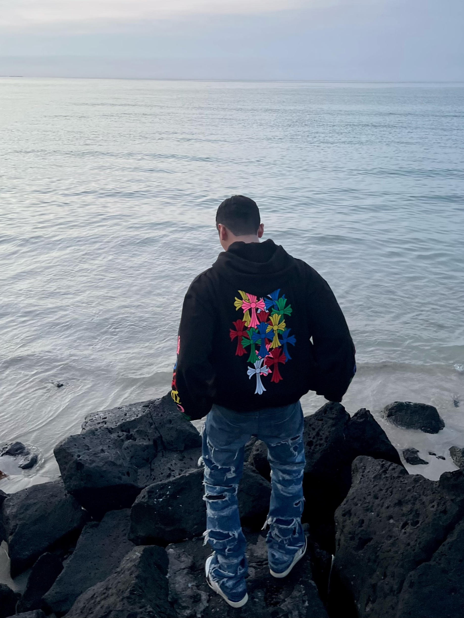 Jordan 1 x Travis Scott x Fragment Retro Low OG SP Military Blue, Chrome Hearts Multi Color Cross Cemetery Hoodie Black 착용 스타일 - 5