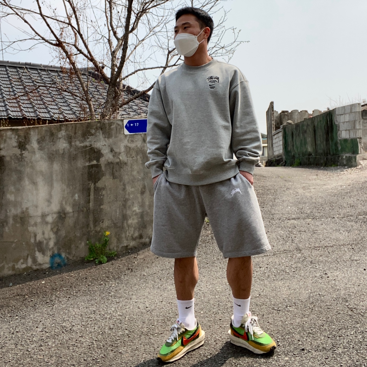 Nike x Stussy NRG ZR Fleece Crewneck Heather Grey - US/EU, Nike x Sacai LDWaffle Green Multi 착용 스타일
