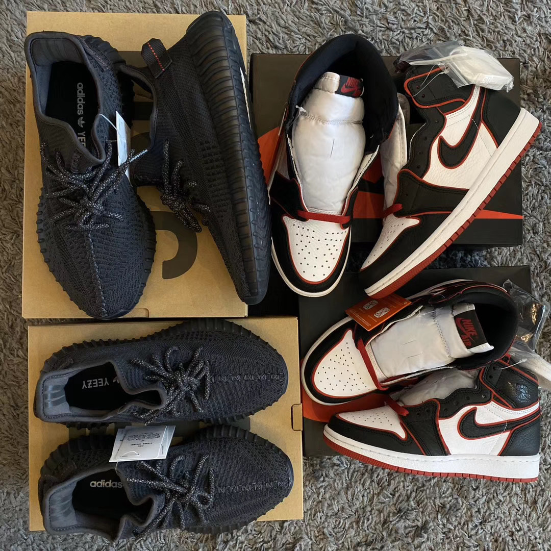 Adidas Yeezy Boost 350 V2 Black - Non-Reflective, Jordan 1 Retro High OG Bloodline 착용 스타일