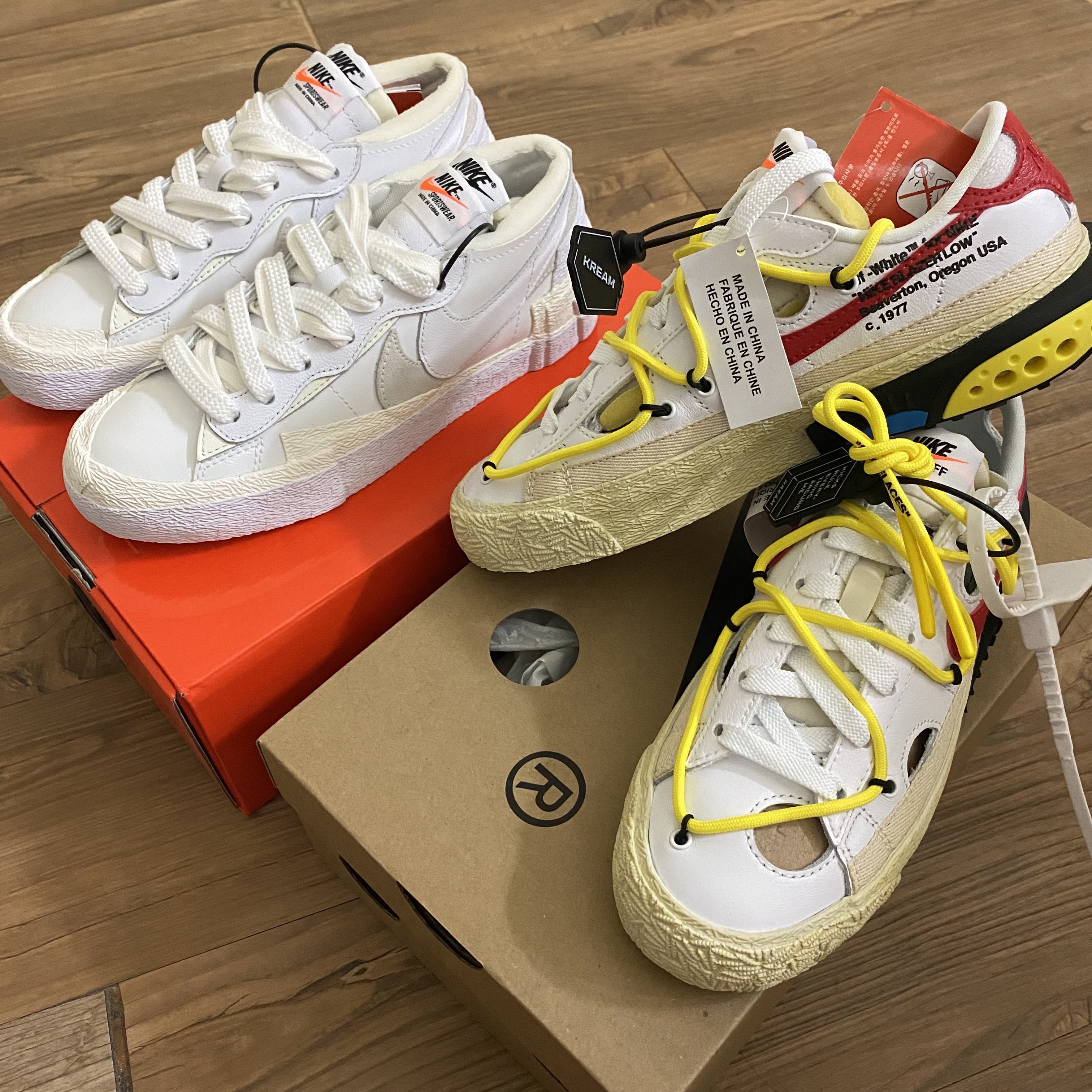 Nike x Sacai Blazer Low White Patent Leather, Nike x Off-White Blazer Low '77 White and University Red 착용 스타일