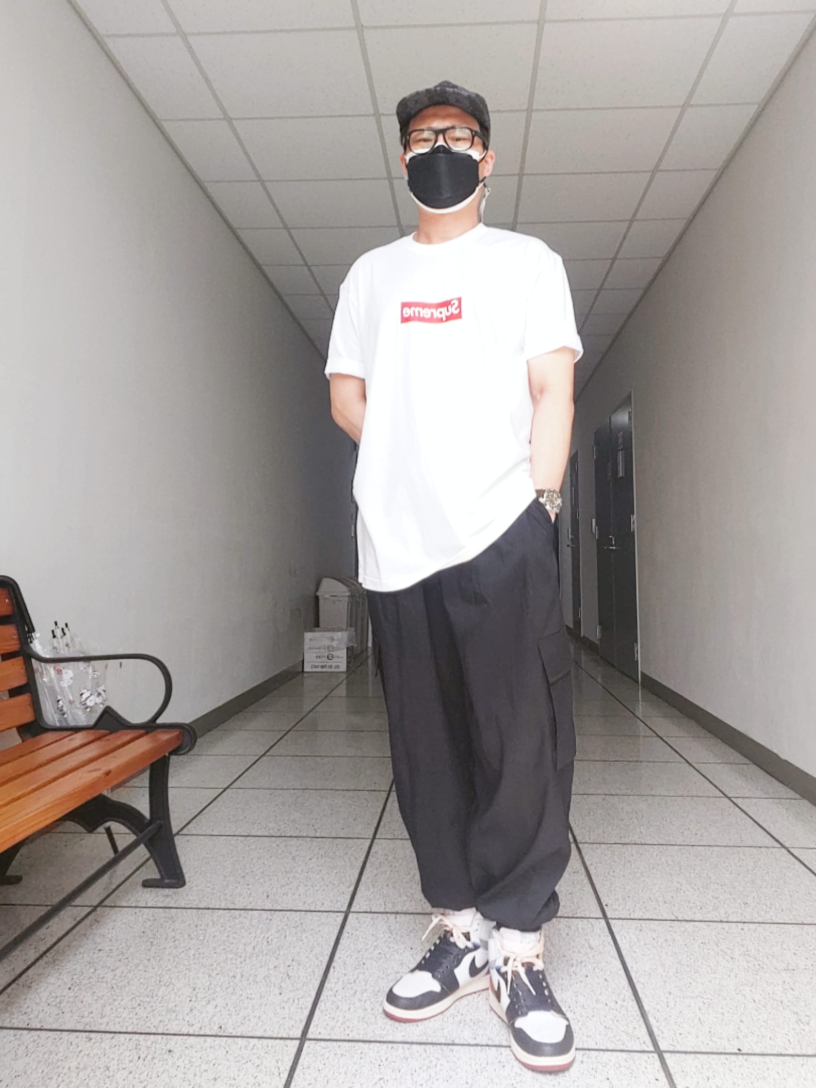 Louis Vuitton x Nigo LV Made Stripe Hat Gray, Jordan 1 x Union Retro High Black Toe 착용 스타일