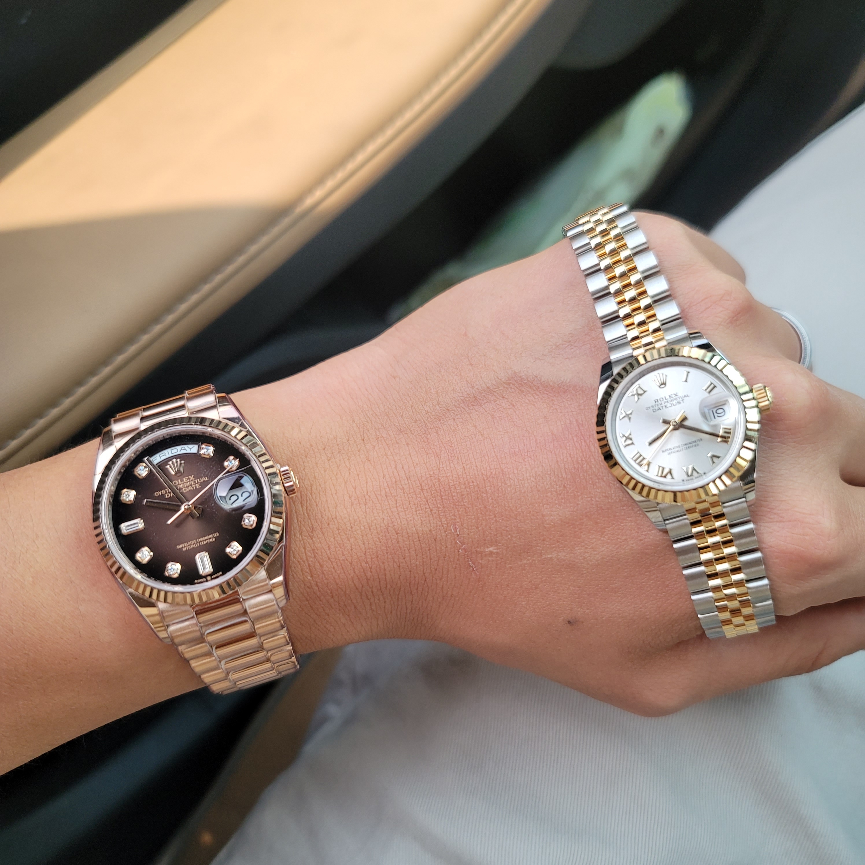 Rolex Lady-Datejust 28mm 279173 Silver Roman Jubilee, Rolex Day-Date 36mm 128235 Brown Ombre Diamond-Set President 착용 스타일