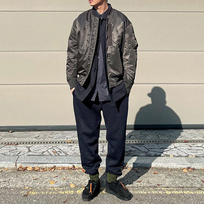 Uniqlo +J Hybrid Down OverSized MA-1 Blouson Gray, Uniqlo +J Wool Blend Oversized Shirt Jacket Dark Gray 착용 스타일