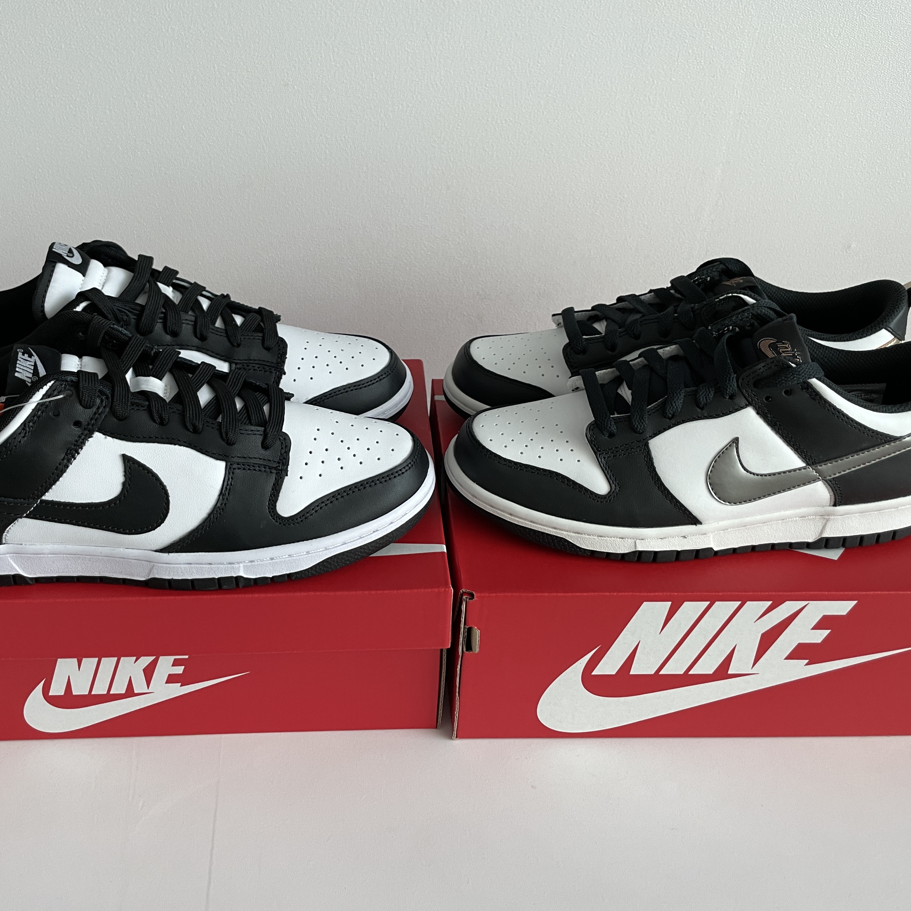 Nike Dunk Low Retro Black, (GS) Nike Dunk Low SE Off Noir Summit White Metallic Pewter 착용 스타일 - 1