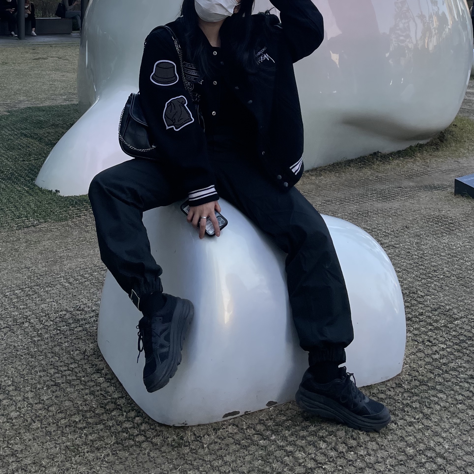 Stussy x CDG Varsity Jacket, Prada Re-Nylon Pants Black 착용 스타일