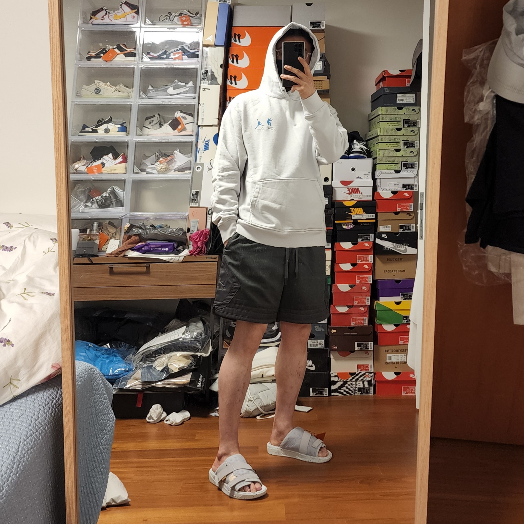 Jordan x Union Crater Slide SP Grey Fog, Jordan x Union Fleece Hoodie Photon Dust - Asia 착용 스타일 - 1