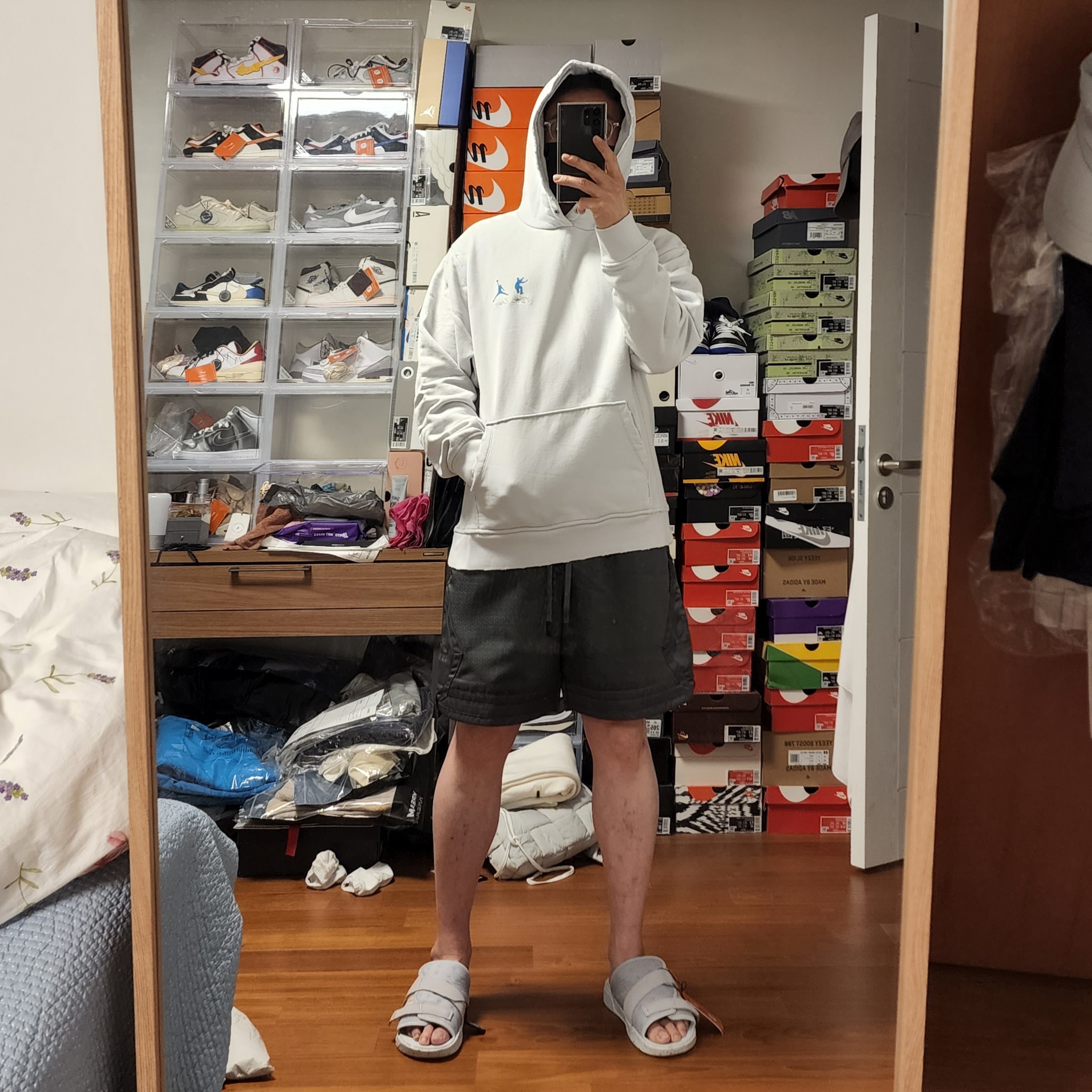 Jordan x Union Crater Slide SP Grey Fog, Jordan x Union Fleece Hoodie Photon Dust - Asia 착용 스타일 - 2