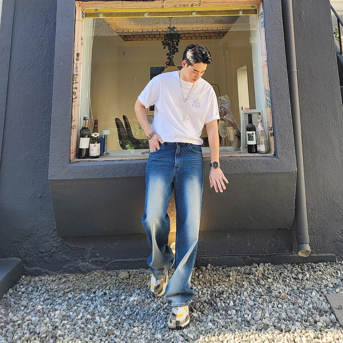 Balenciaga Triple S Bicolor White Light Grey Yellow 2018 착용 스타일