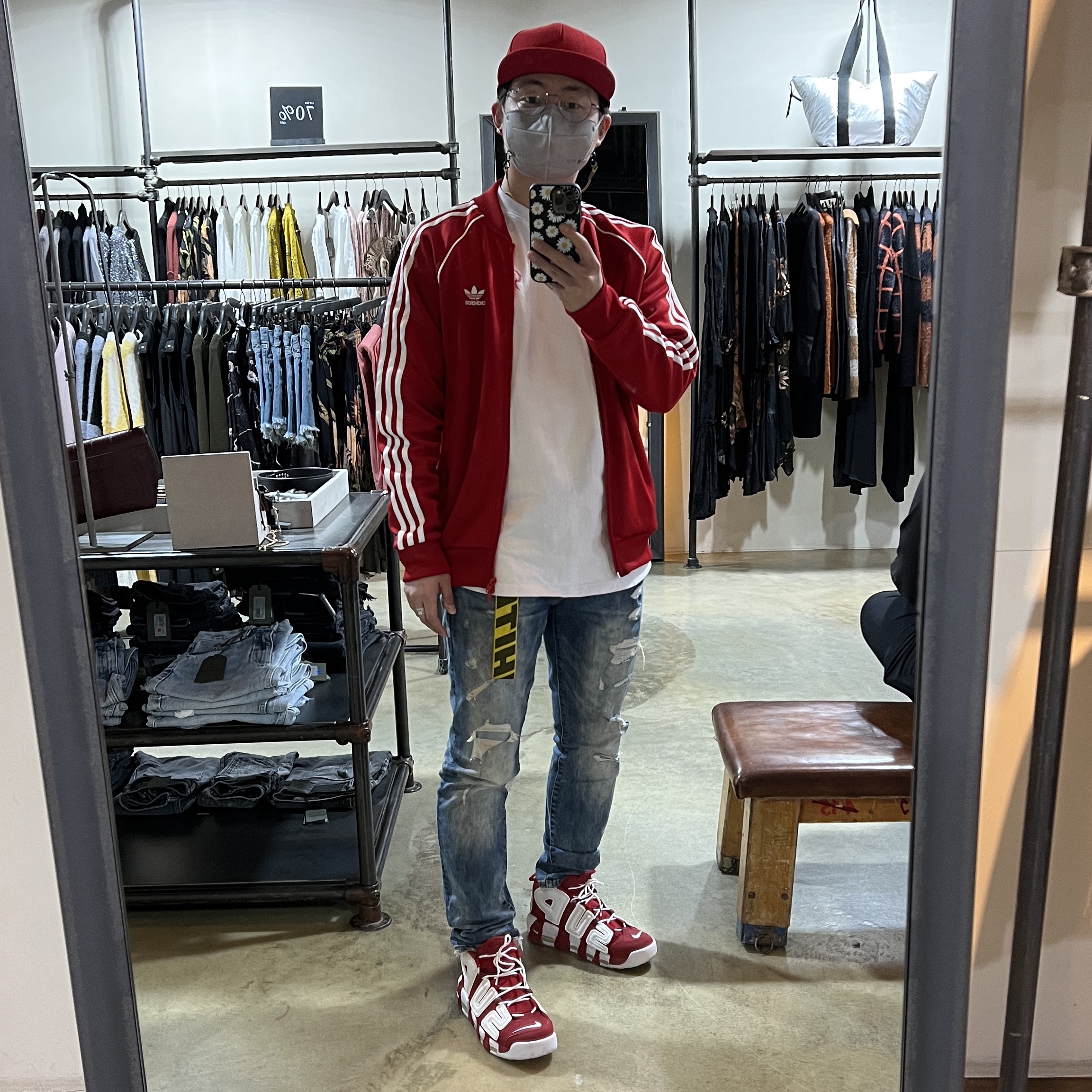 Nike x Supreme Air More Uptempo Suptempo Red 착용 스타일