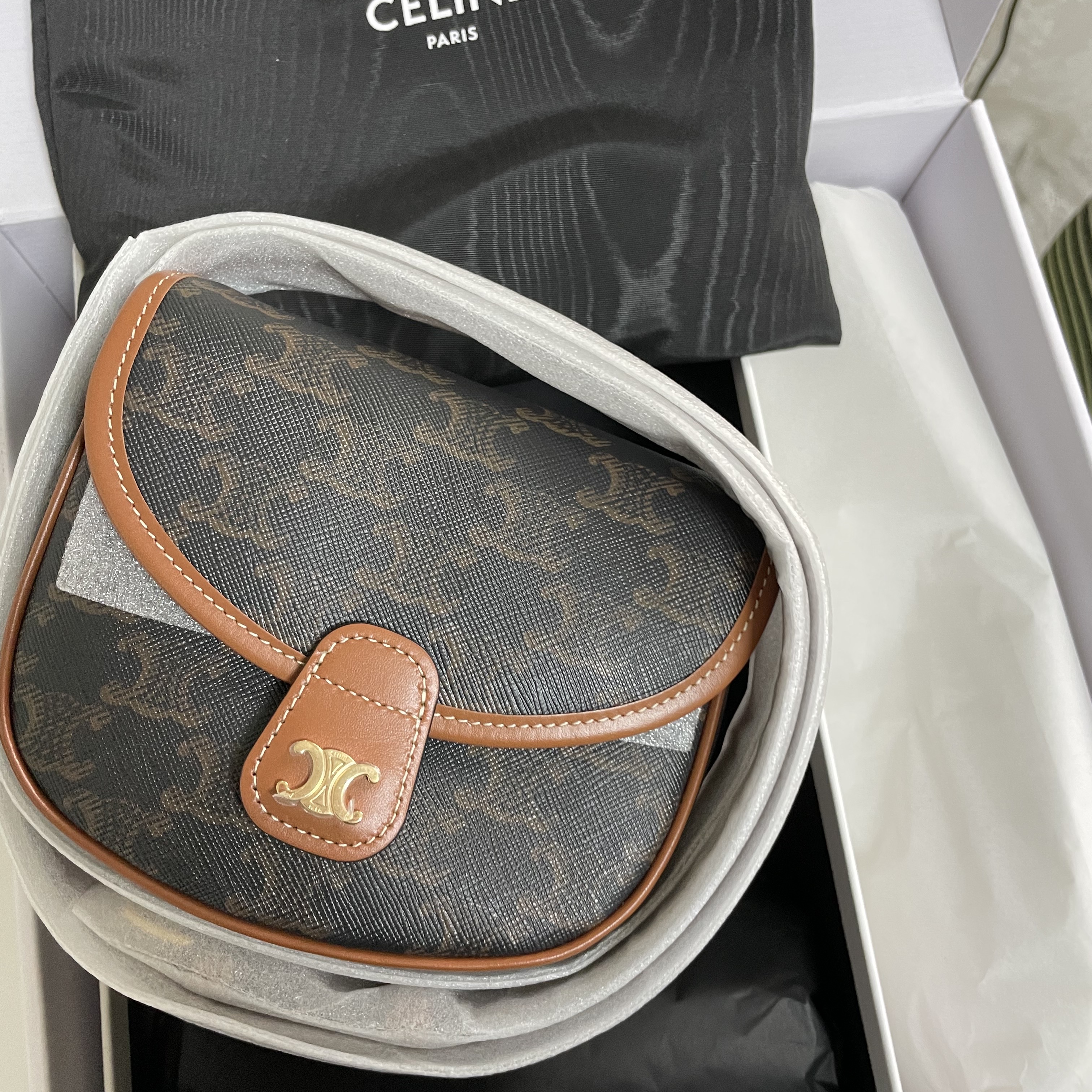 Celine Mini Besace in Triomphe Canvas and Calfskin Tan 착용 스타일 - 1
