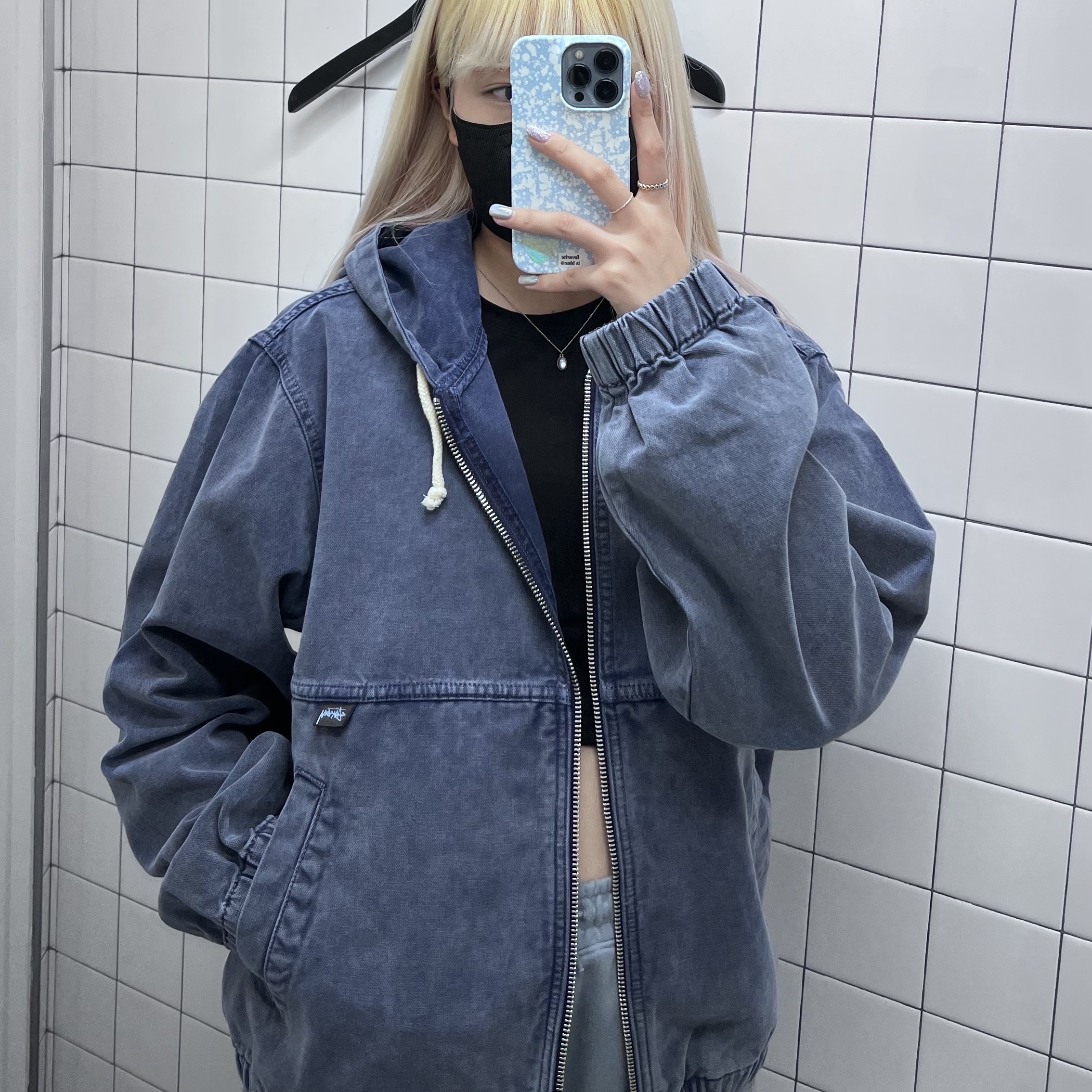 Stussy Stone Washed Work Jacket Blue 착용 스타일 - 4