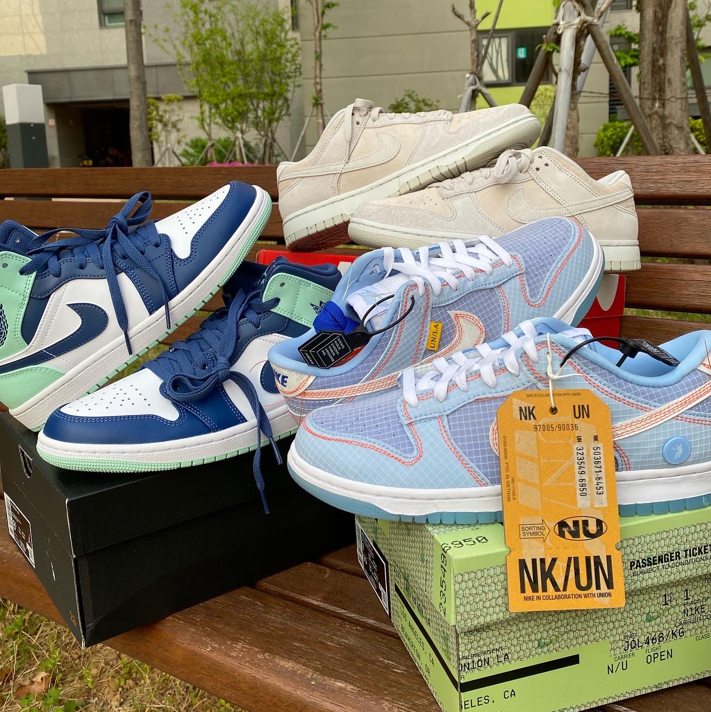 Nike Dunk Low Retro PRM Vast Grey, Jordan 1 Mid Blue Mint 착용 스타일 - 2
