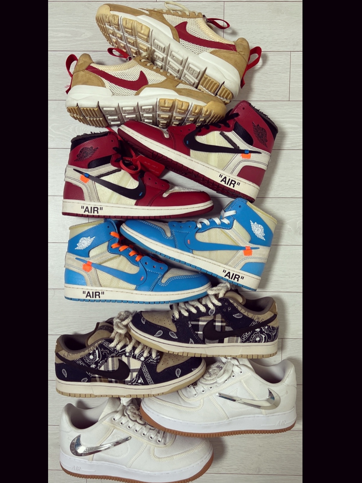 Nike x Tom Sachs Mars Yard Shoe 2.0 Space Camp, Jordan 1 x Off-White Retro High Chicago The Ten 착용 스타일