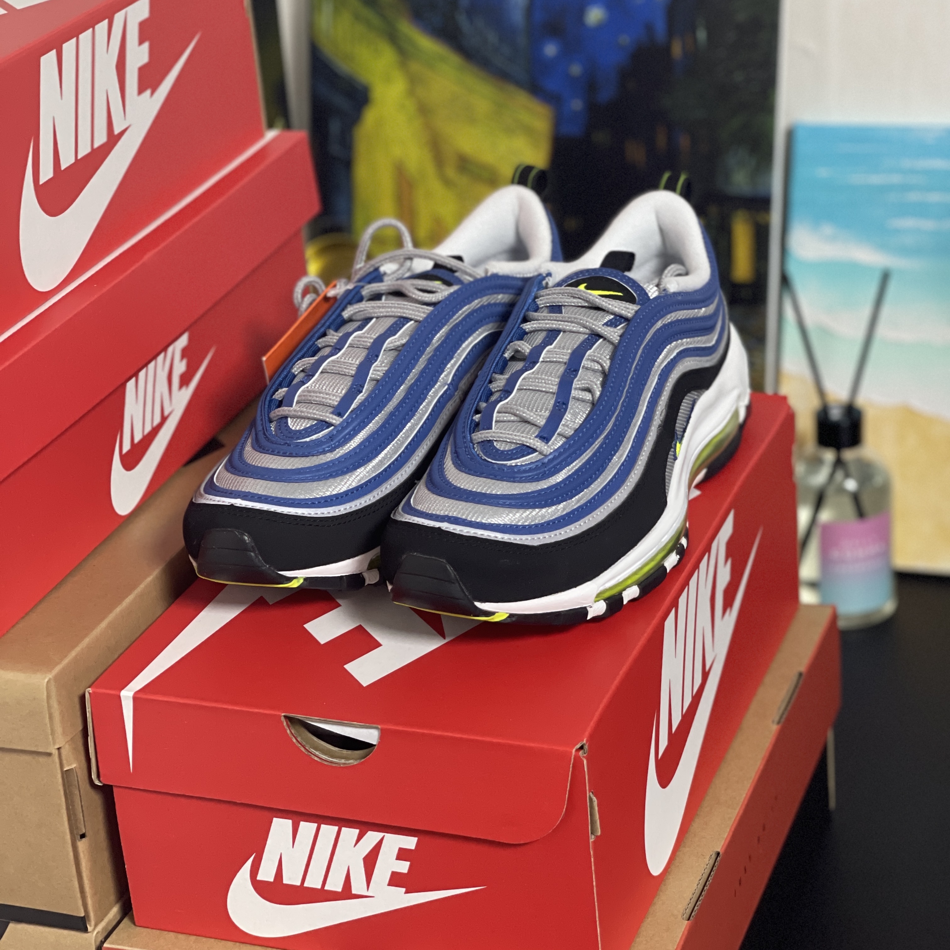 Nike Air Max 97 OG Atlantic Blue and Voltage Yellow 착용 스타일 - 2