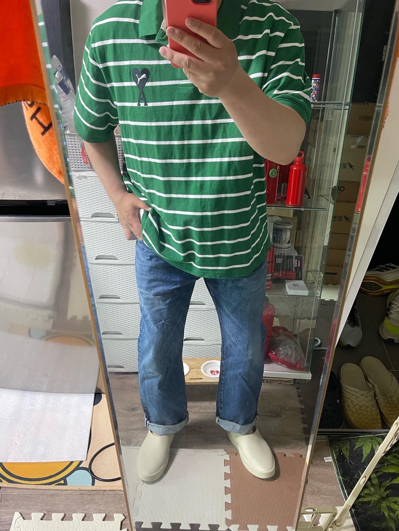 Fear of God The California Oat, Puma x AMI Polo Verdant Green 착용 스타일