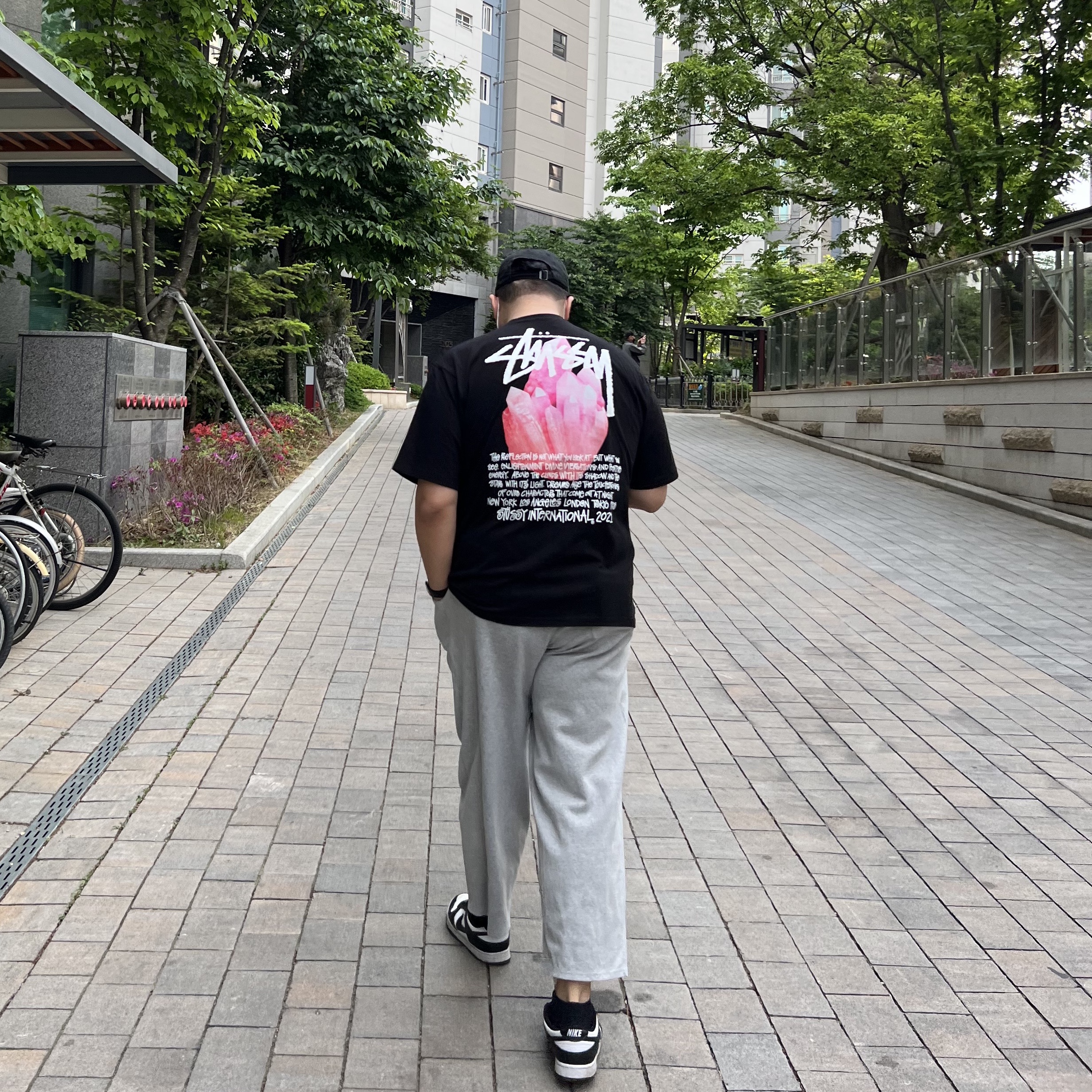 Nike Dunk Low Retro Black, Stussy Reflection T-Shirt Black 착용 스타일 - 2