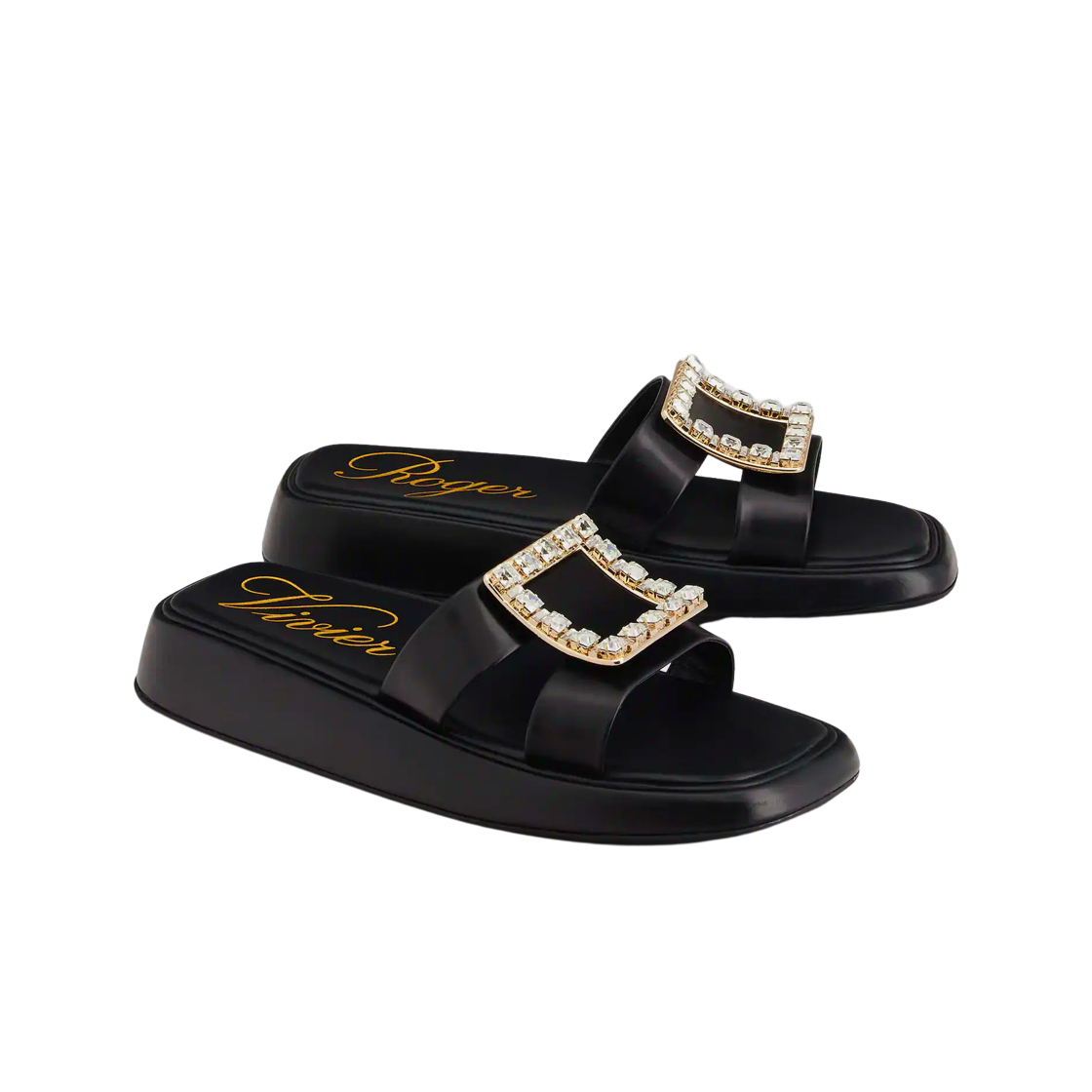 (W) 로저 비비에 슬라이드 스트라스 버클 뮬 레더 블랙((W) Roger Vivier Vivier Slide Strass Buckle Mules in Leather Black) - 2
