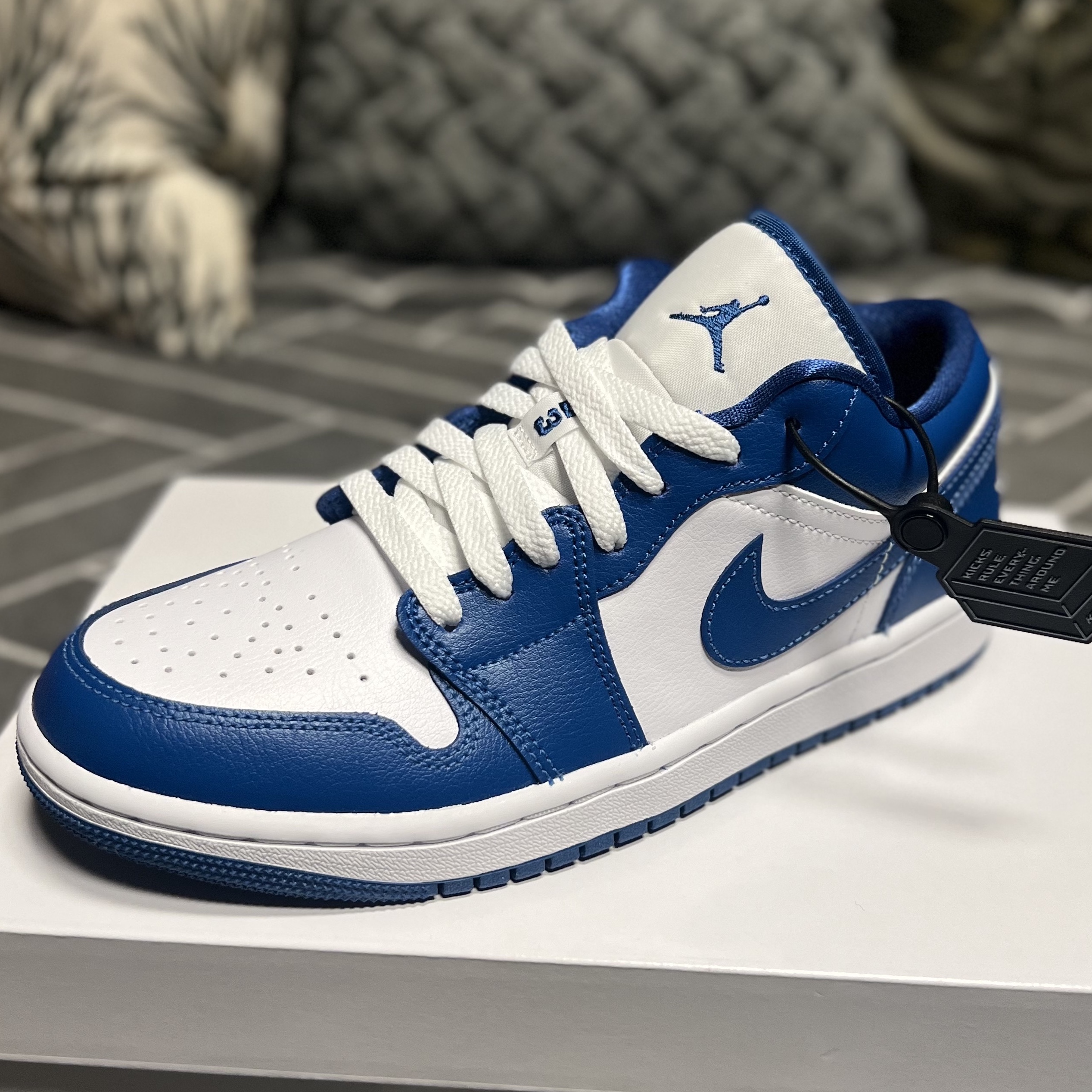 (W) Jordan 1 Low White Dark Marina Blue 착용 스타일 - 1