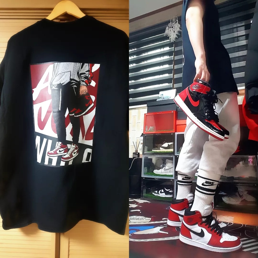Jordan 1 Retro High OG Chicago 2015, Jordan 1 Retro High OG Patent Bred 착용 스타일 - 1