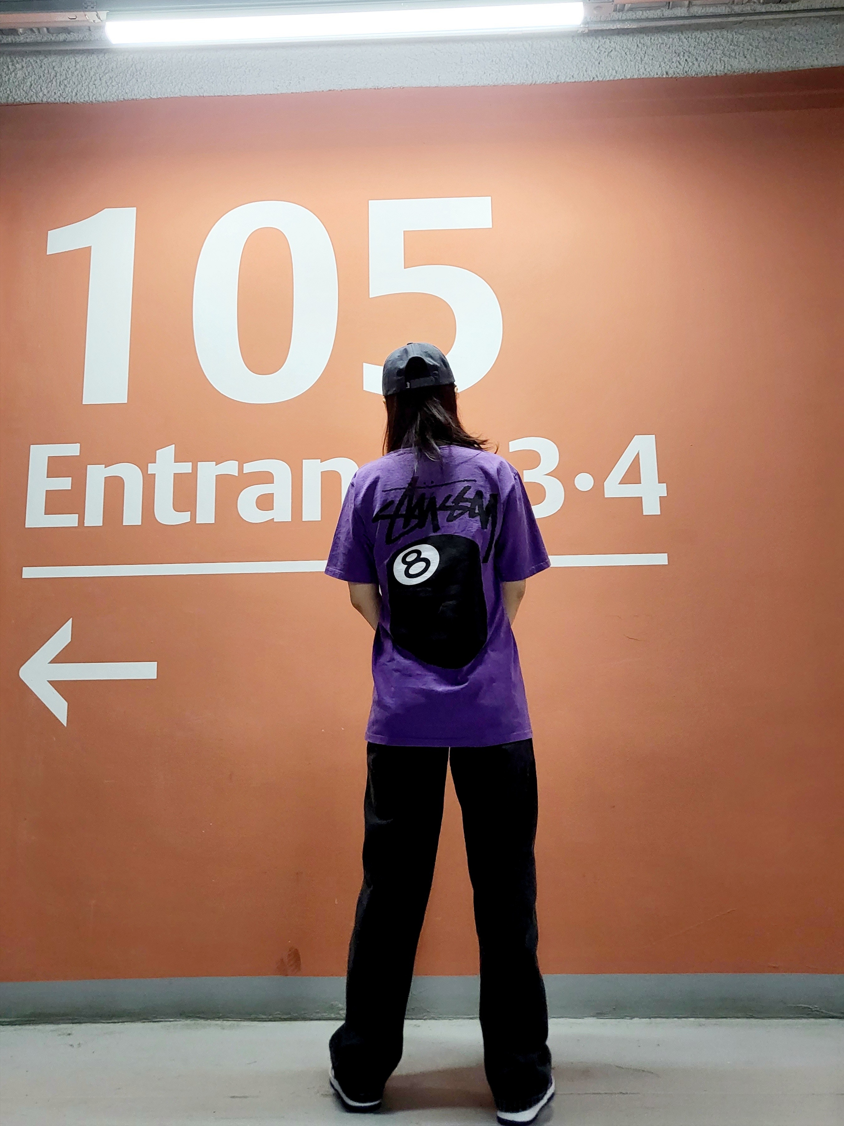 Stussy 8 Ball Pigment Dyed T-Shirt Purple - 21FW, Stussy Stock 8 Ball Low Pro Cap Dark Grey 착용 스타일 - 4