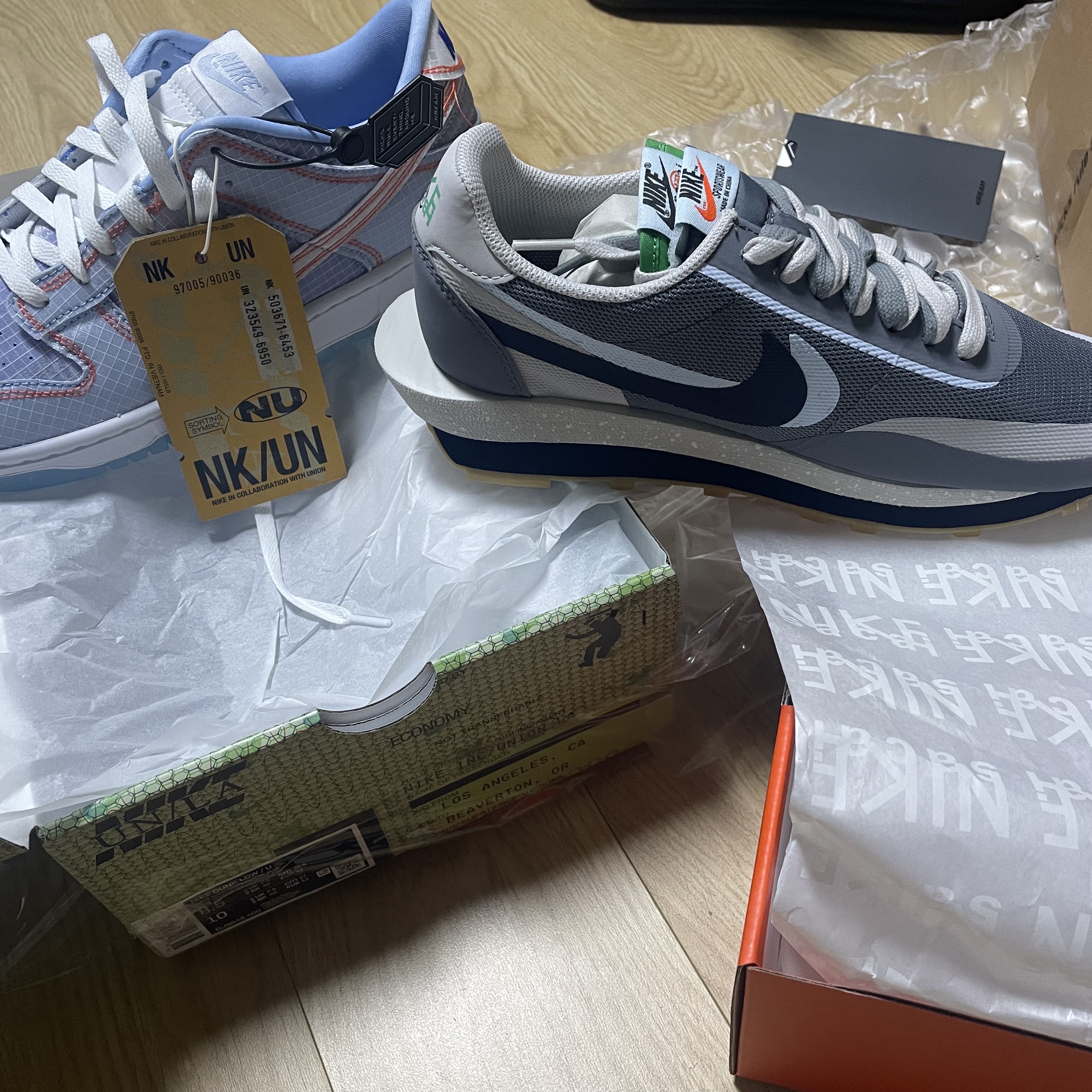 Nike x Union Dunk Low Passport Pack Argon, Nike x Sacai x Clot LDWaffle Cool Grey 착용 스타일 - 3