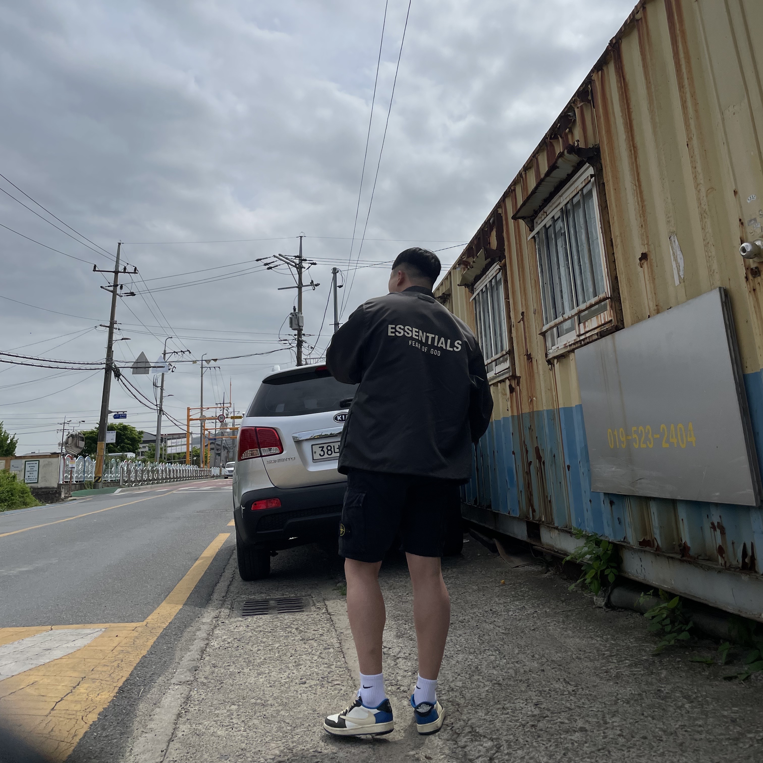 Jordan 1 x Travis Scott x Fragment Retro Low OG SP Military Blue, Essentials Coaches Jacket Iron - 22SS 착용 스타일