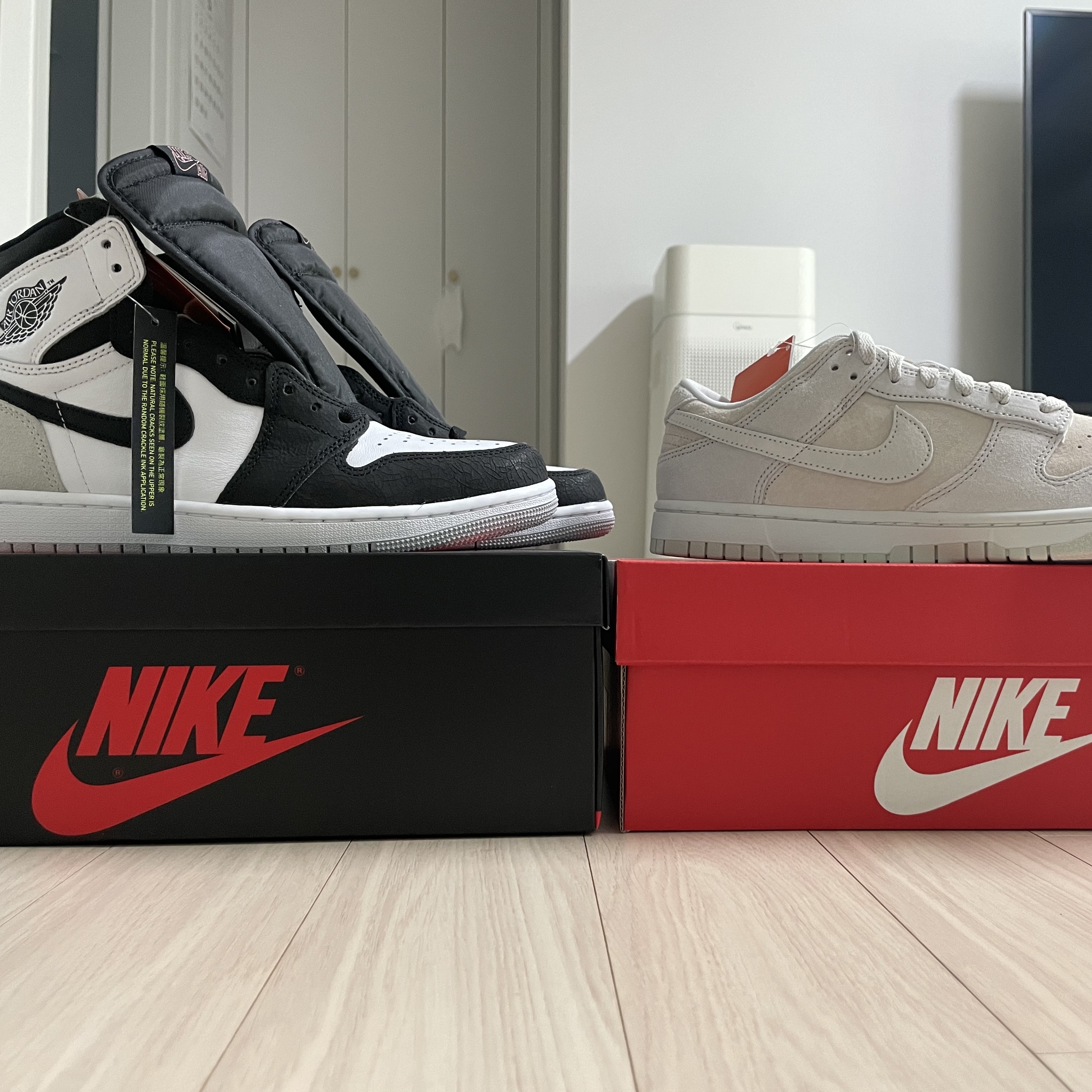 Nike Dunk Low Retro PRM Vast Grey, Jordan 1 Retro High OG Bleached Coral 착용 스타일 - 2