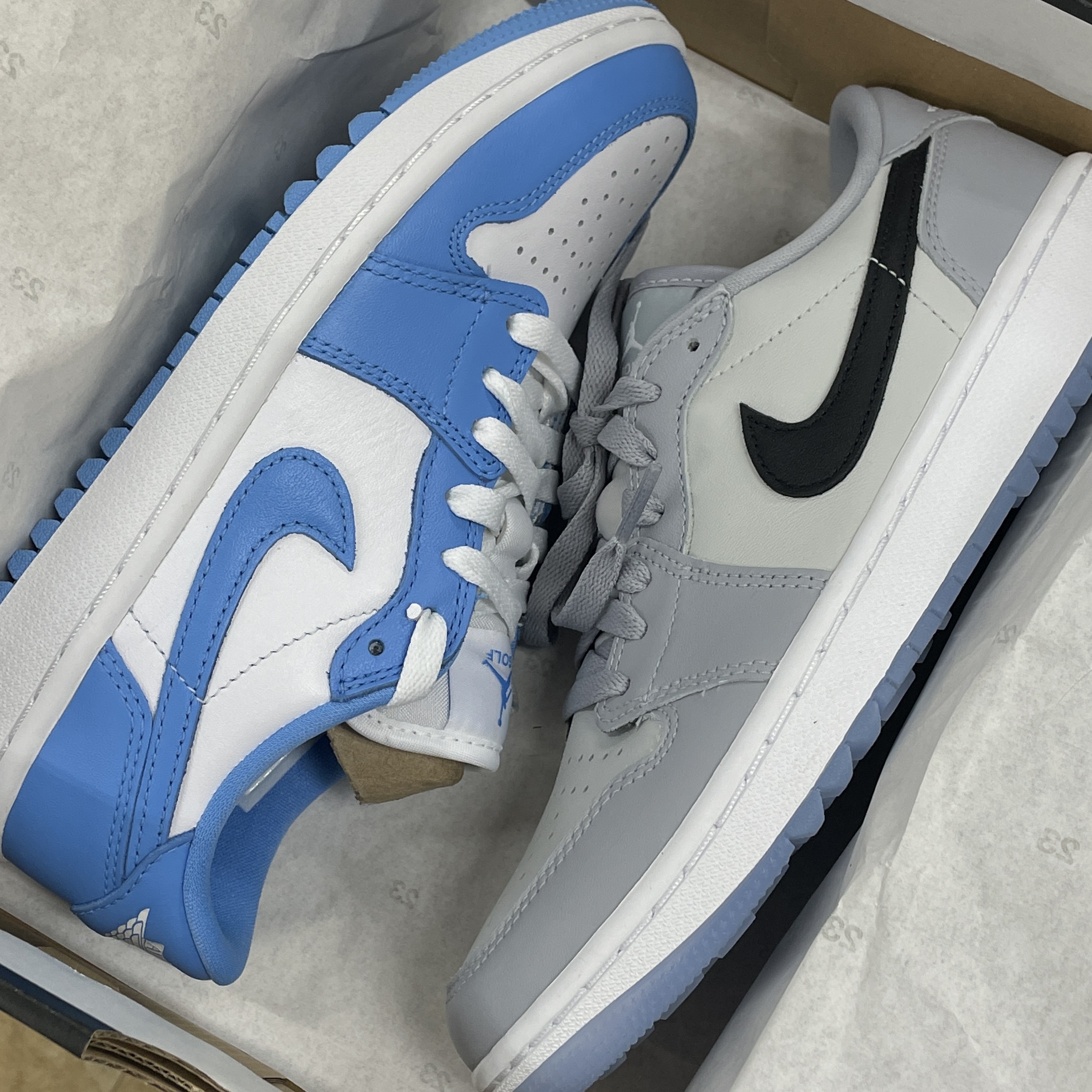 Jordan 1 Low Golf Wolf Grey, Jordan 1 Low Golf White and University Blue 착용 스타일