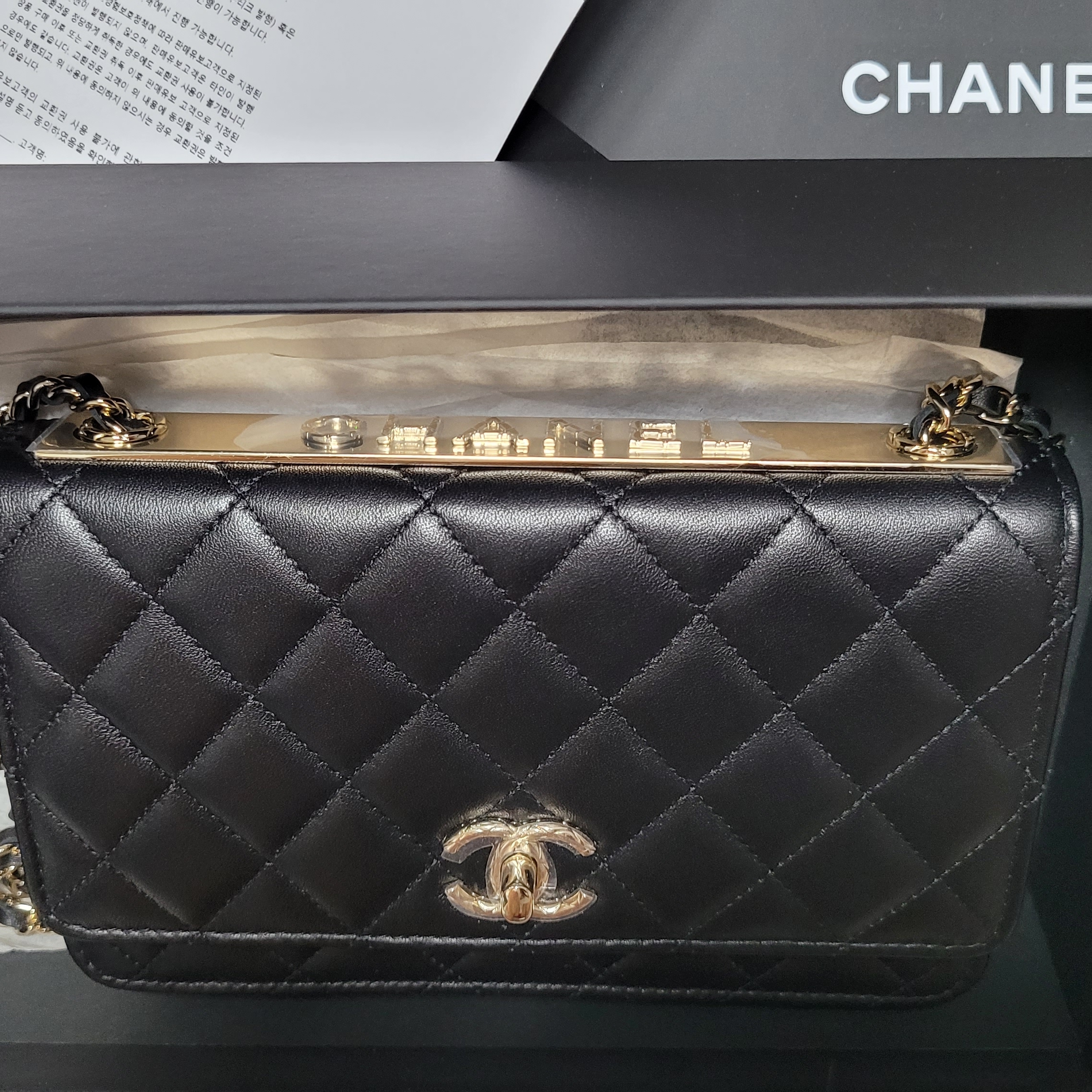 Chanel Wallet On Chain Lambskin & Gold Black 착용 스타일 - 1