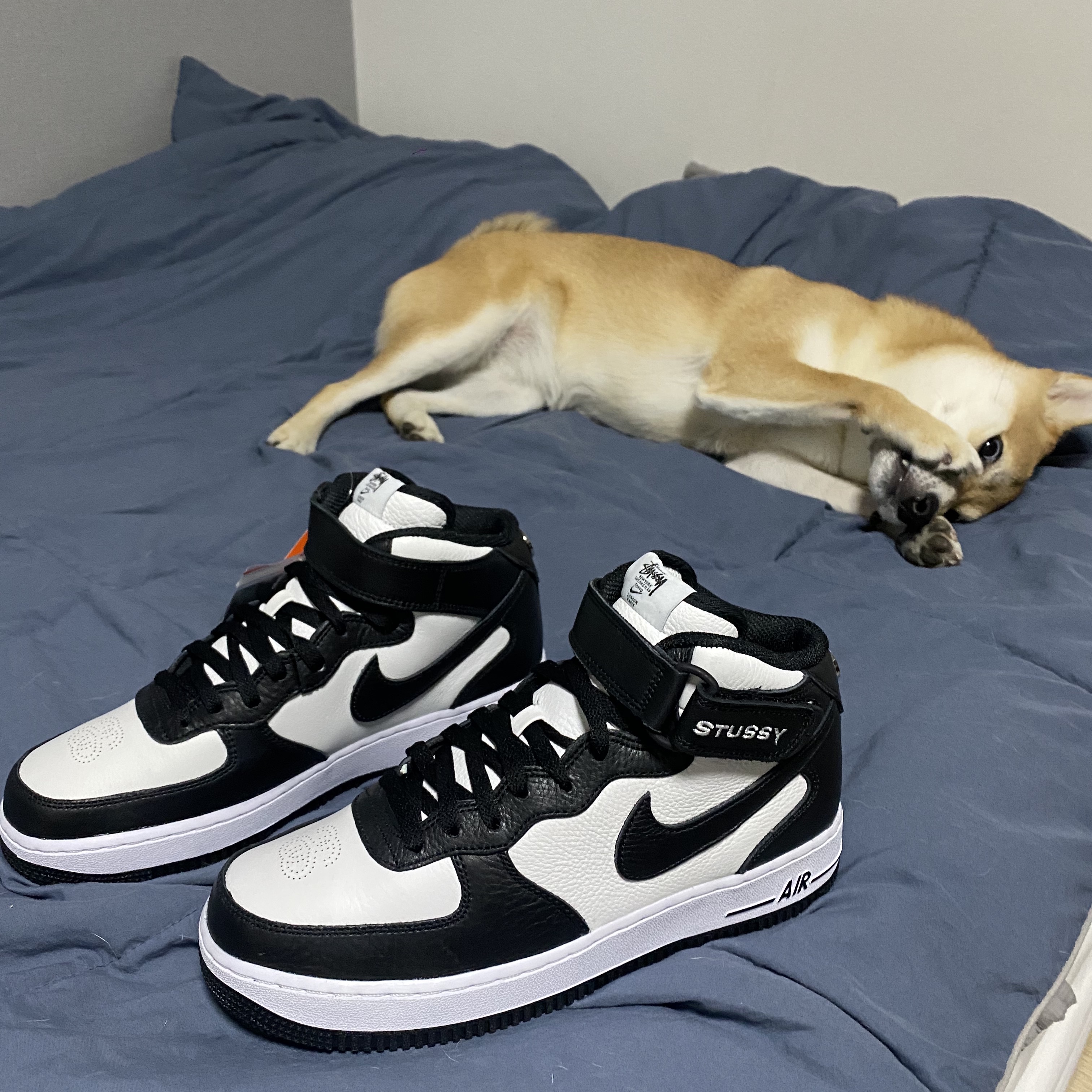 Nike x Stussy Air Force 1 '07 Mid SP Black and Light Bone 착용 스타일 - 1