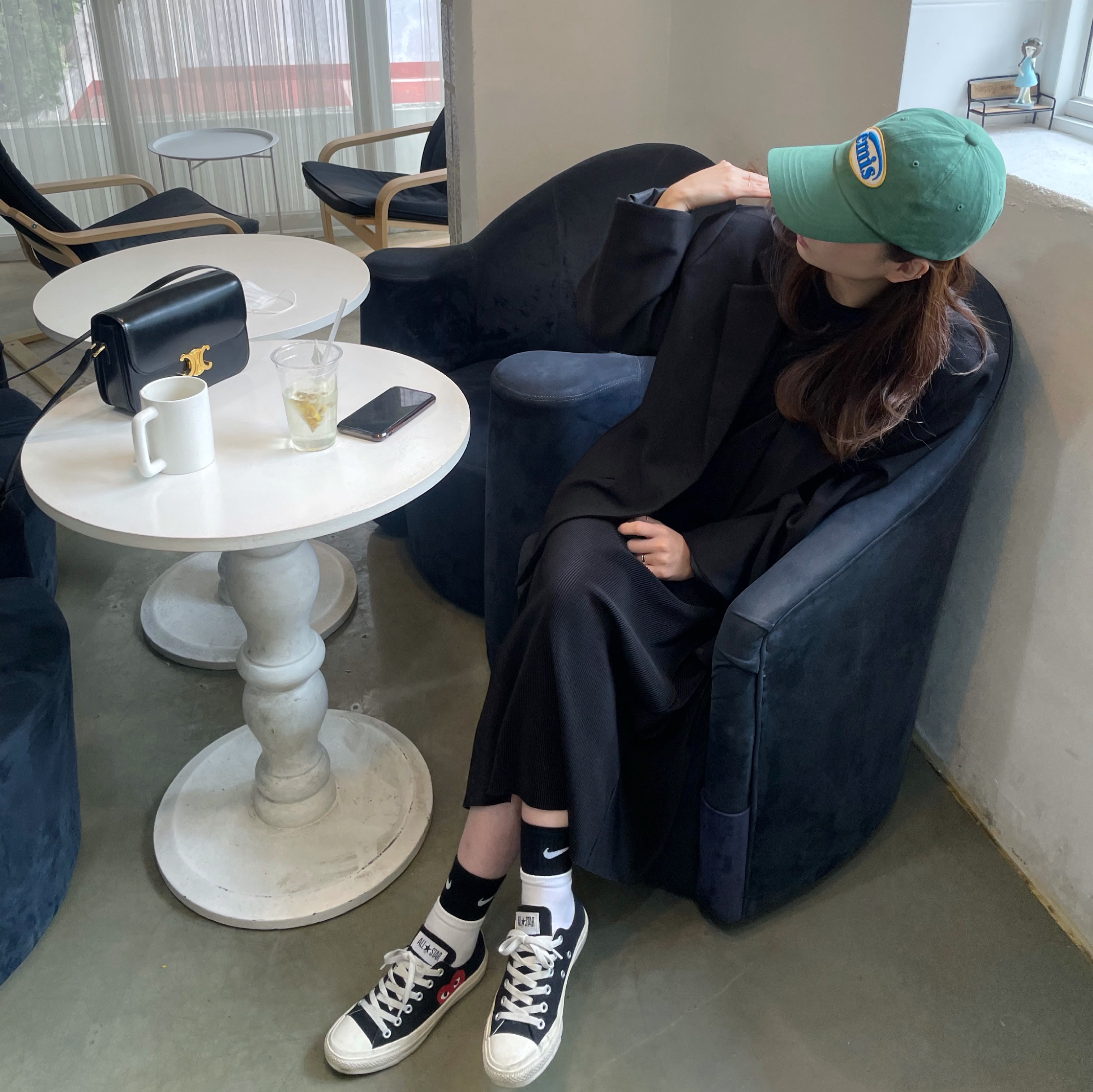 Converse x Play Comme des Garcons Chuck 70 Ox Black, Emis Wappen Ball Cap Green 착용 스타일