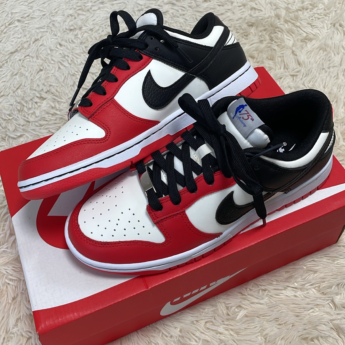 Nike x NBA Dunk Low Retro EMB Black and Chile Red 착용 스타일