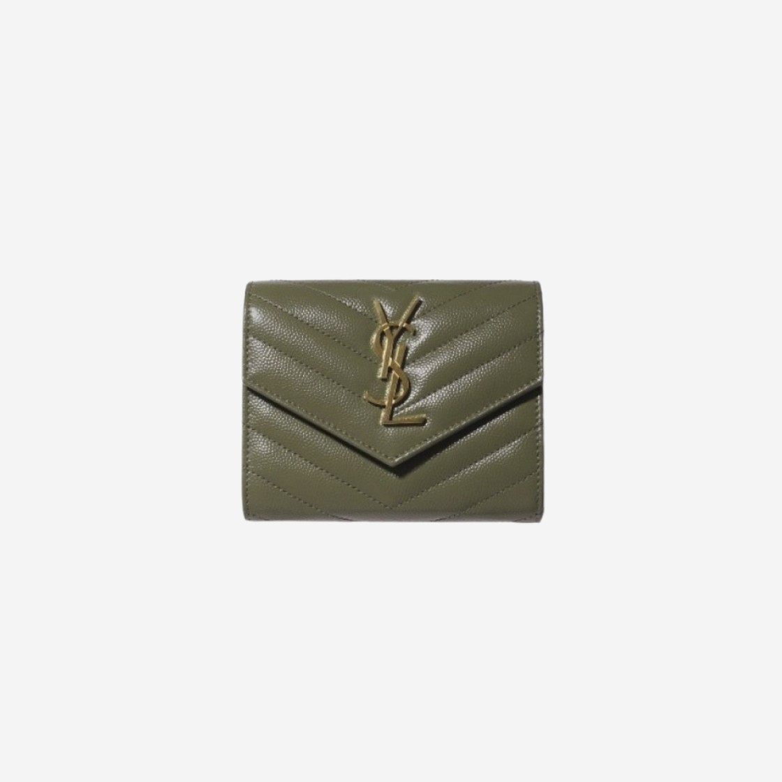 Saint Laurent Cassandre Matelasse Compact Tri-Fold Wallet in Grain de Poudre Embossed Leather Khaki Green 상세 이미지 1