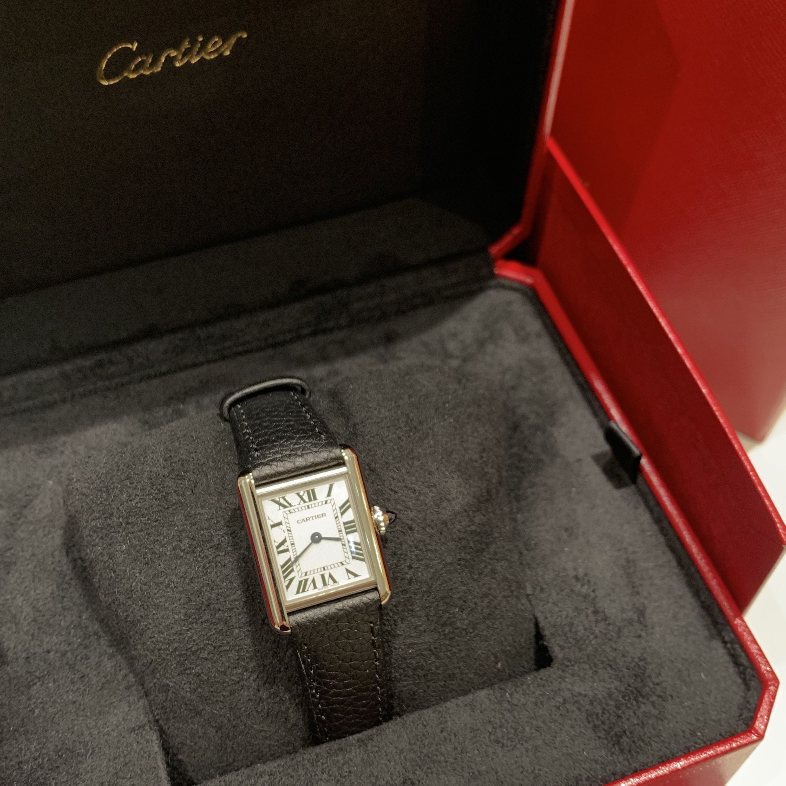 Cartier Tank Must Watch Small Quartz Steel Calfskin Black 착용 스타일