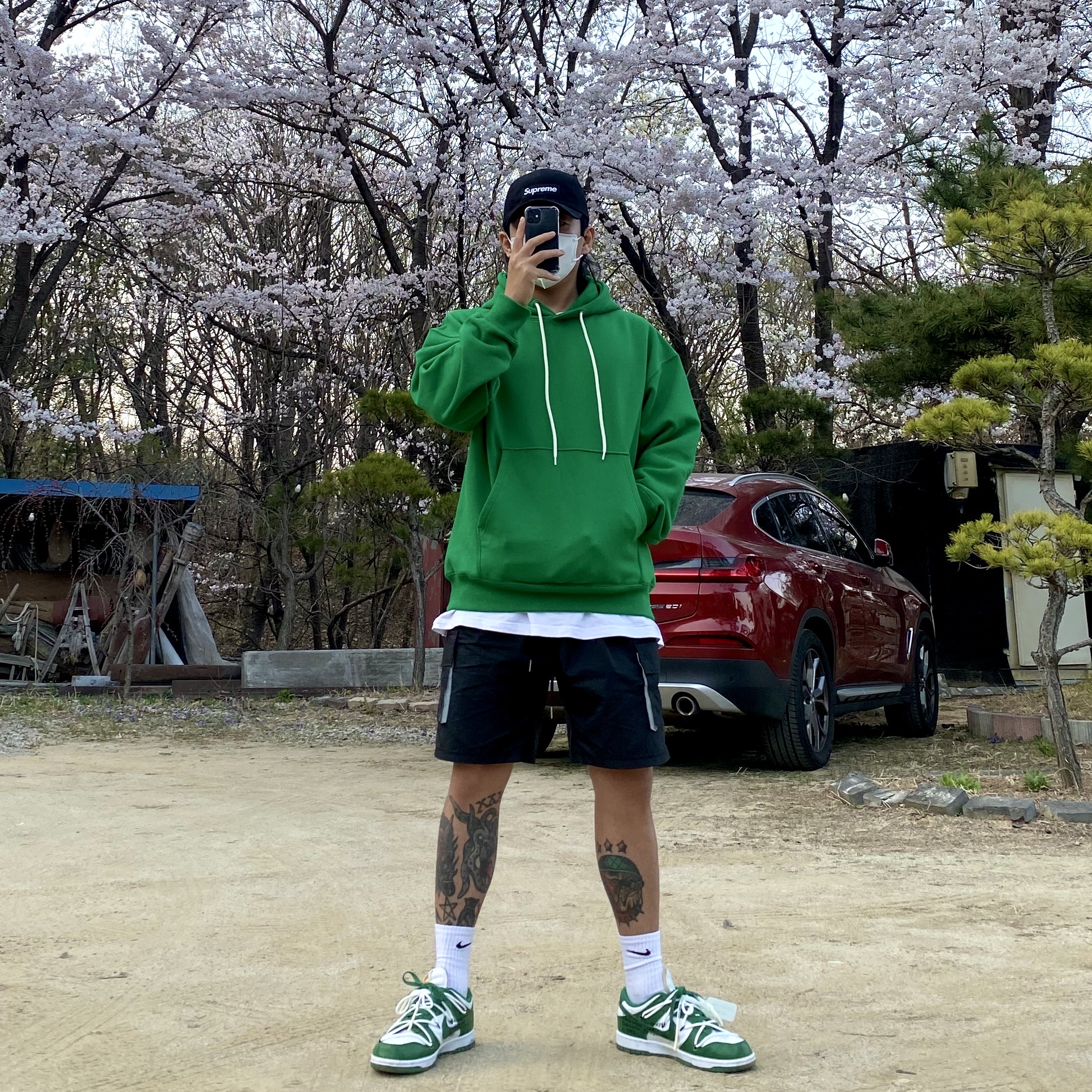 Nike x Off-White Dunk Low Pine Green, Supreme Waxed Cotton Camp Cap Black - 21FW 착용 스타일