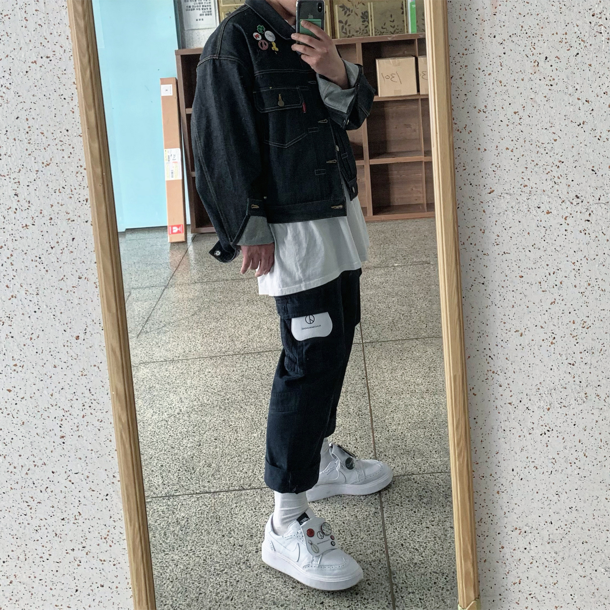 Nike x Peaceminusone Kwondo1 White, Peaceminusone Denim Jacket #1 Indigo 착용 스타일
